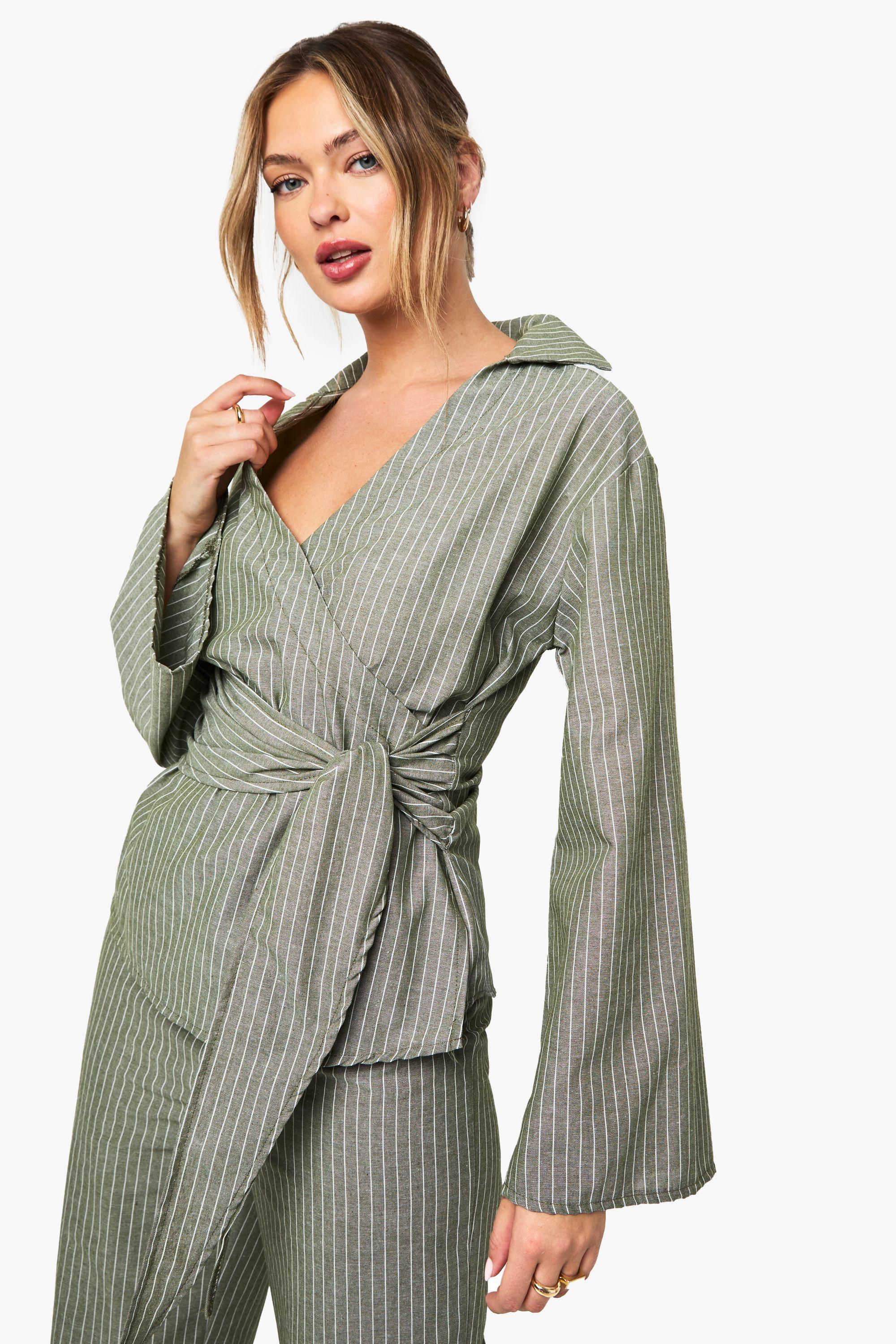 Striped Wrap Tie Blouse by BOOHOO