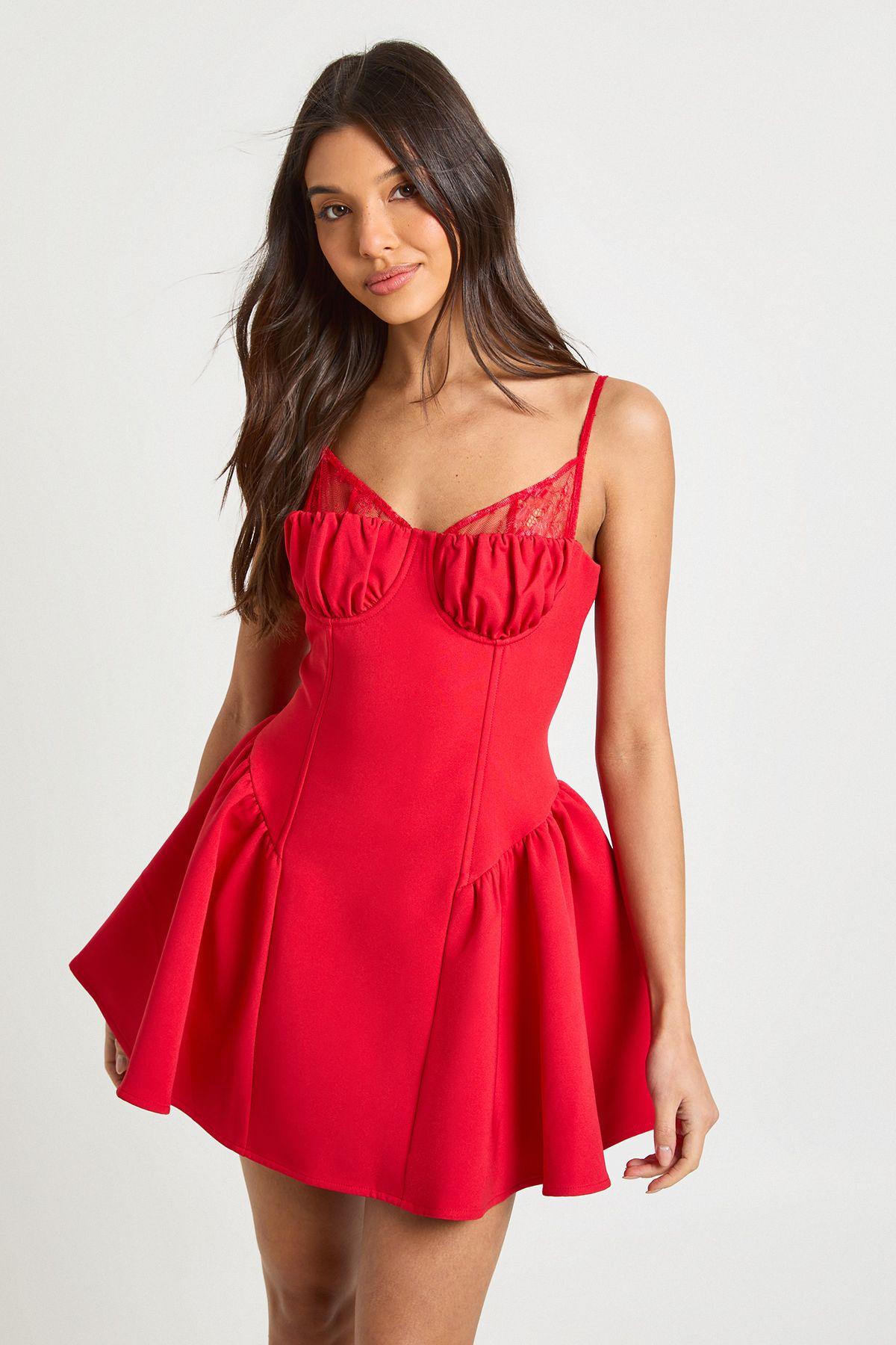 Structured Lace Detail Mini Skater Dress by BOOHOO
