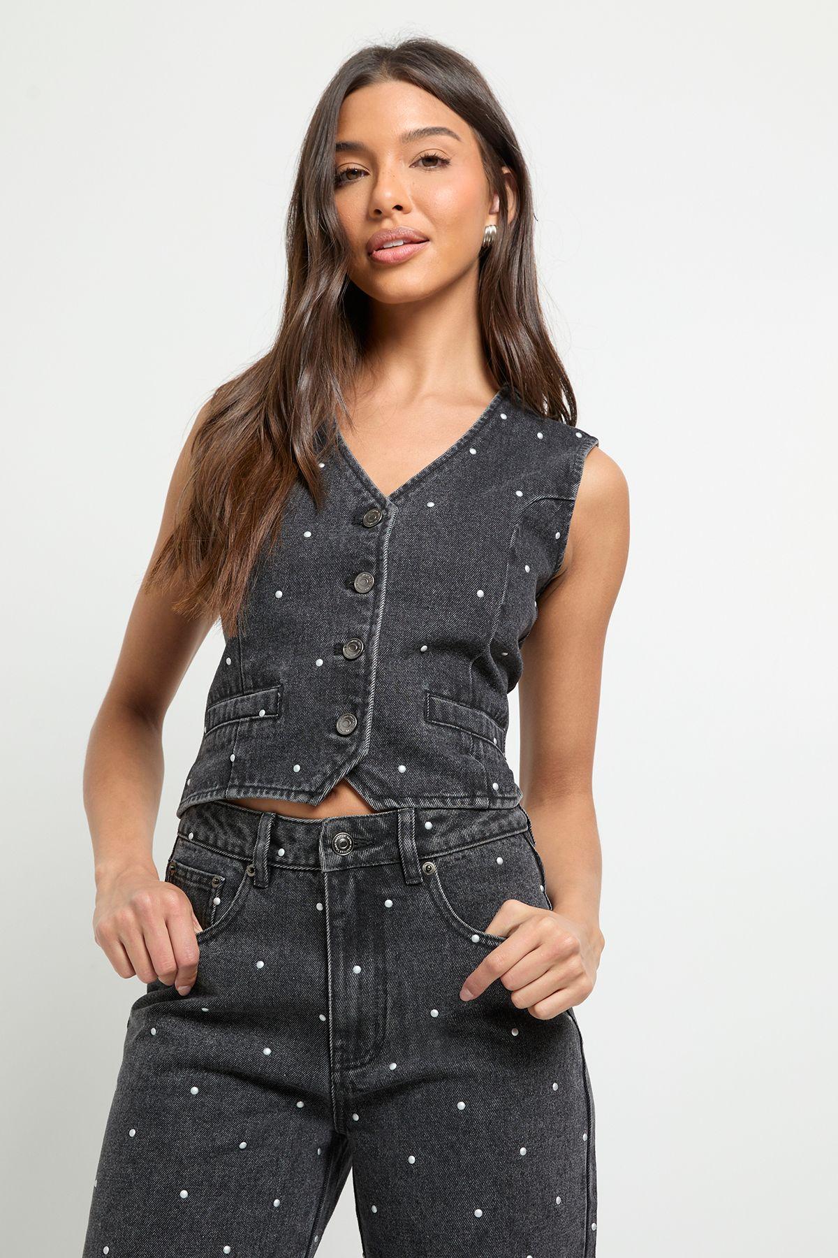 Studded Denim Waistcoat by BOOHOO