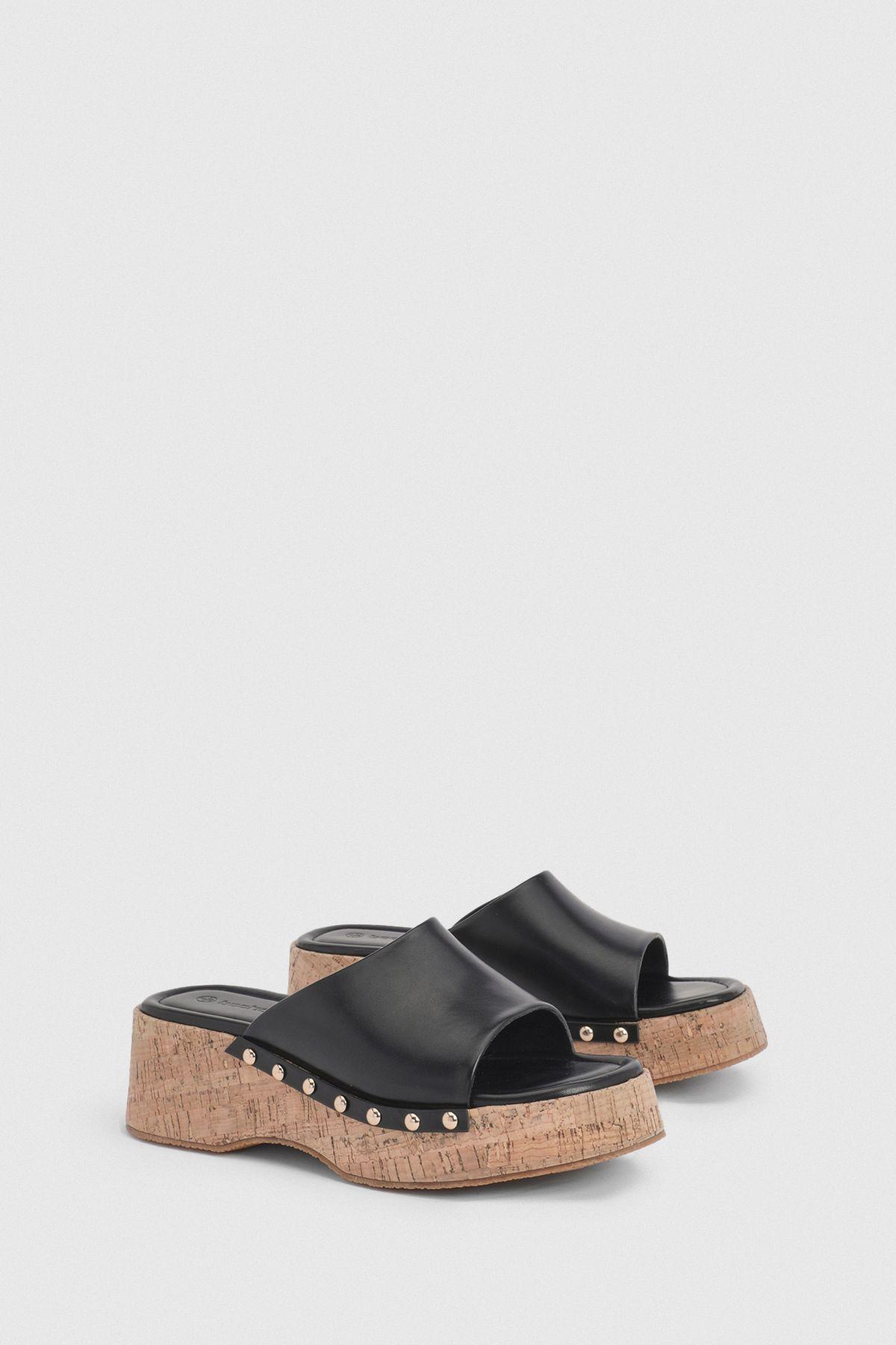 Studded Detail Cork Flatforms by BOOHOO