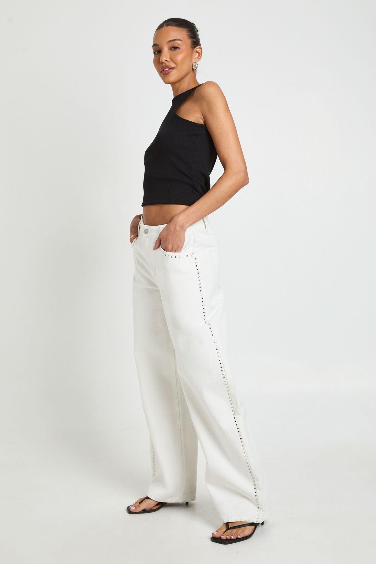 Studded Mid Waist Barrel Jean by BOOHOO