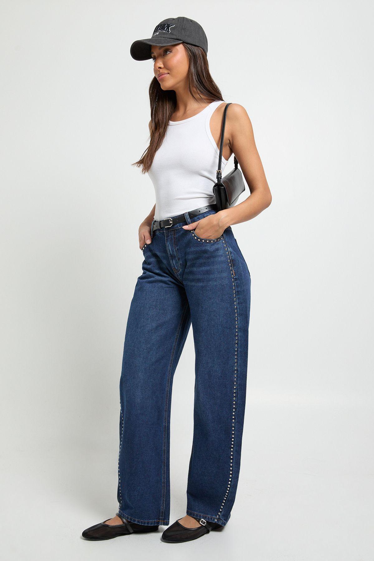 Studded Mid Waist Barrel Jean by BOOHOO