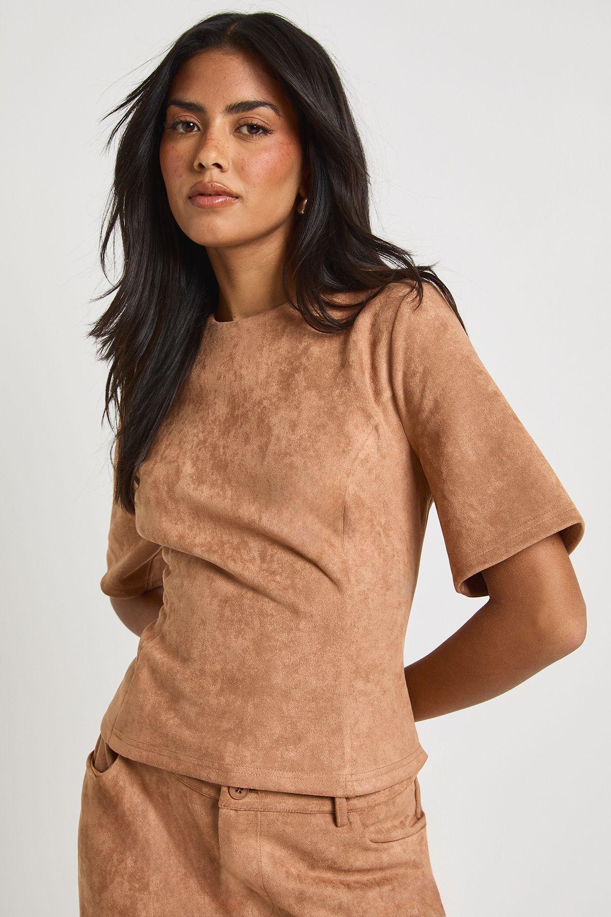 Suede Cinch Waist High Neck Tee by BOOHOO