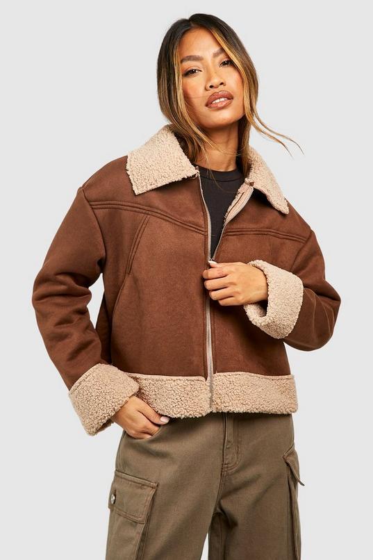 Suedette Borg Trim Aviator Jacket by BOOHOO