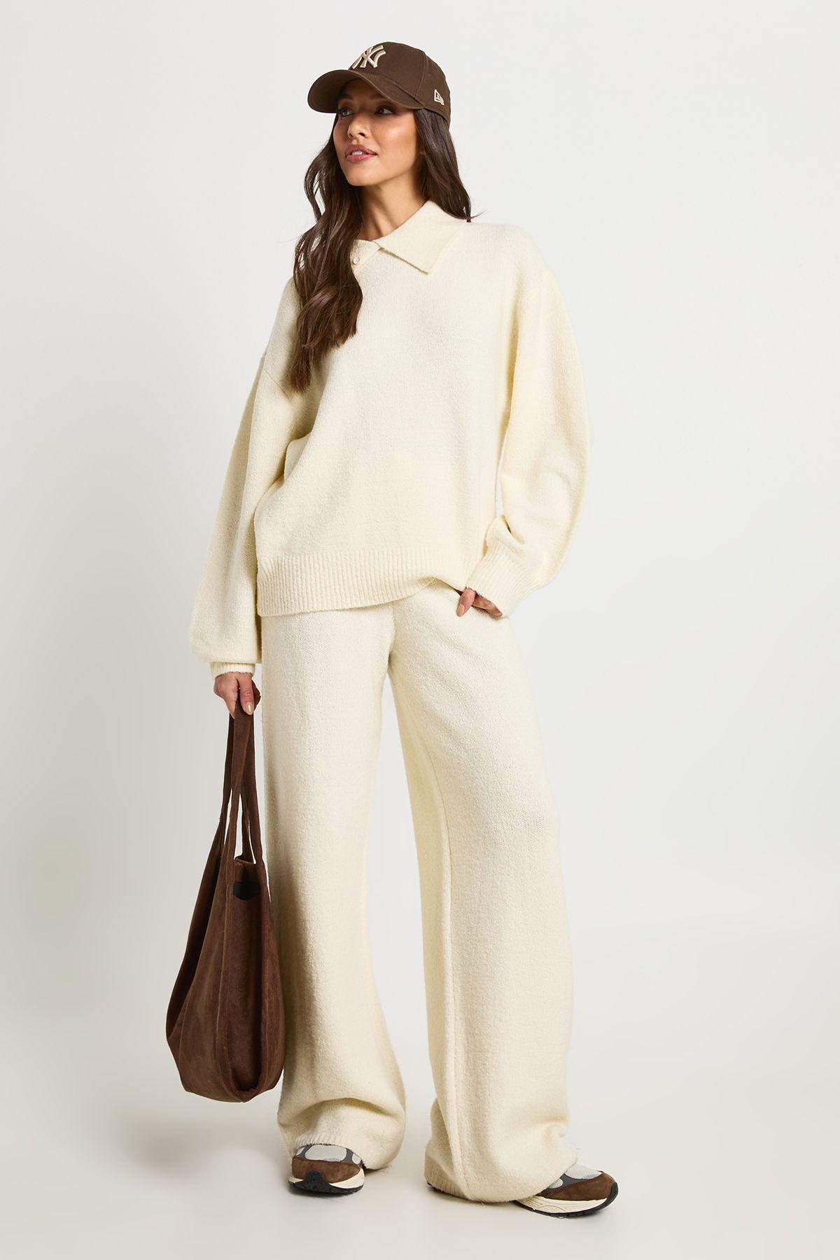 Super Soft Crew Neck Knitted Chunky Cardigan and Wide Leg Trouser Co-Ord by BOOHOO