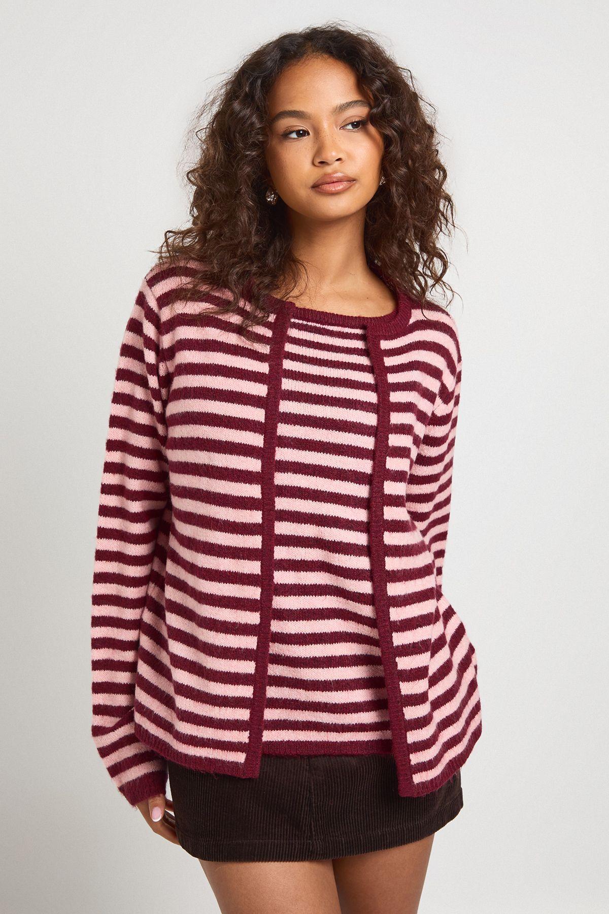 Super Soft Stripe Knitted 2-in-1 Cami and Cardigan by BOOHOO