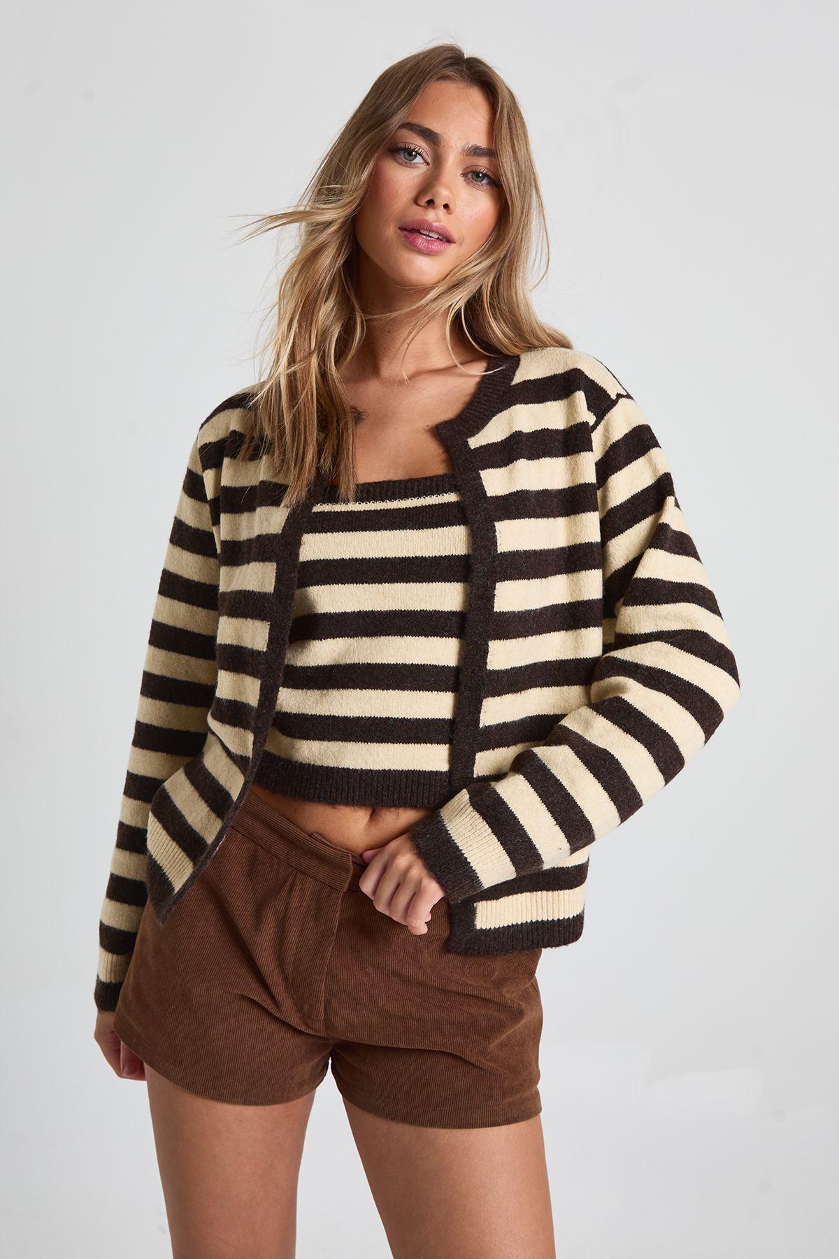 Super Soft Striped Knitted Boxy Fit Cardigan and Knitted Crop Top 2 Piece Set by BOOHOO