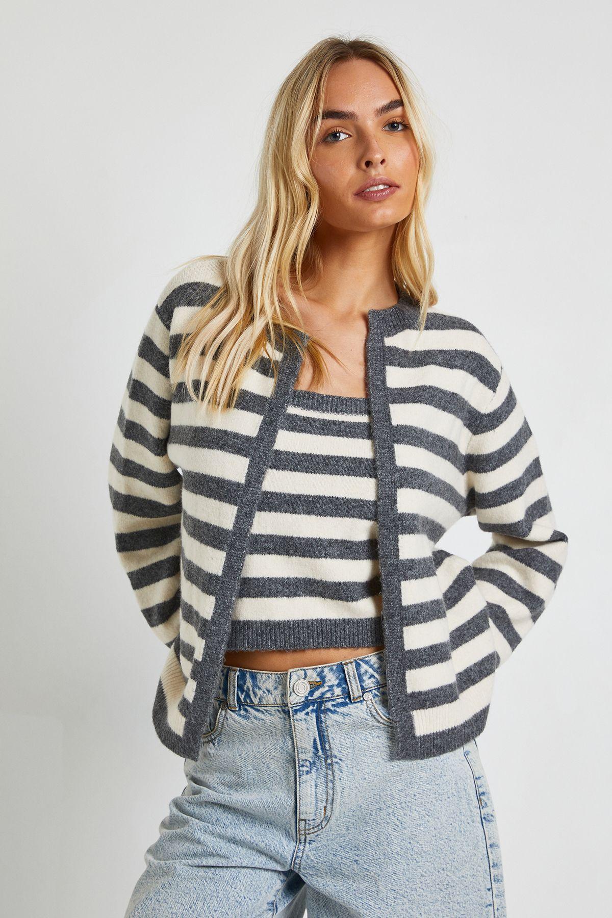Super Soft Striped Knitted Boxy Fit Cardigan and Knitted Crop Top 2 Piece Set by BOOHOO