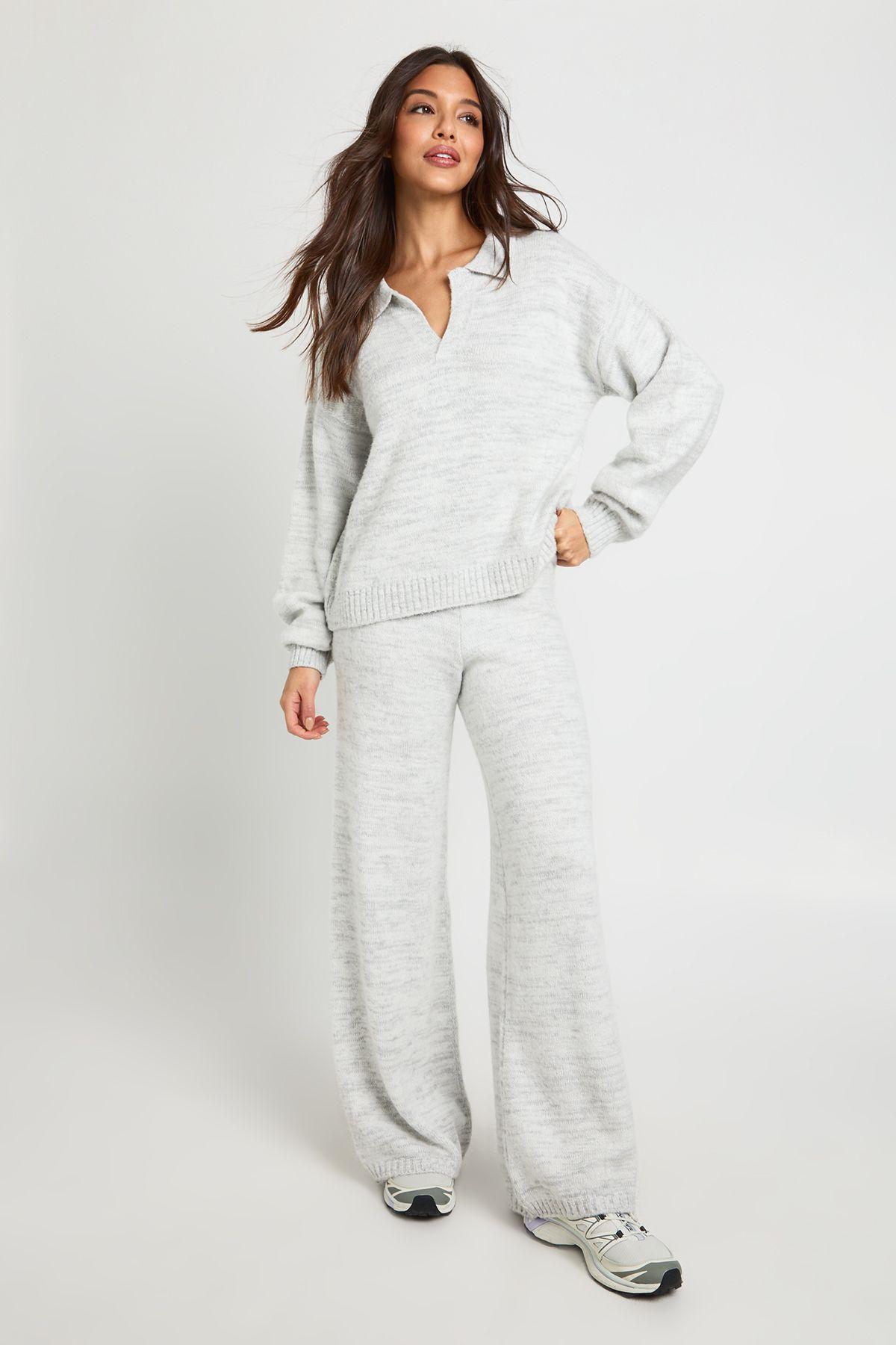 Super Soft V Neck Collared Knitted Jumper and Straight Leg Trouser Co-Ord by BOOHOO