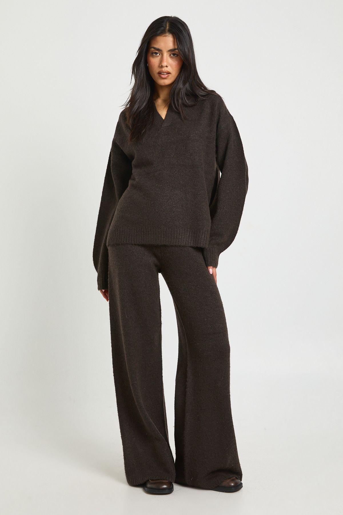 Super Soft V Neck Collared Knitted Jumper and Straight Leg Trouser Co-Ord by BOOHOO