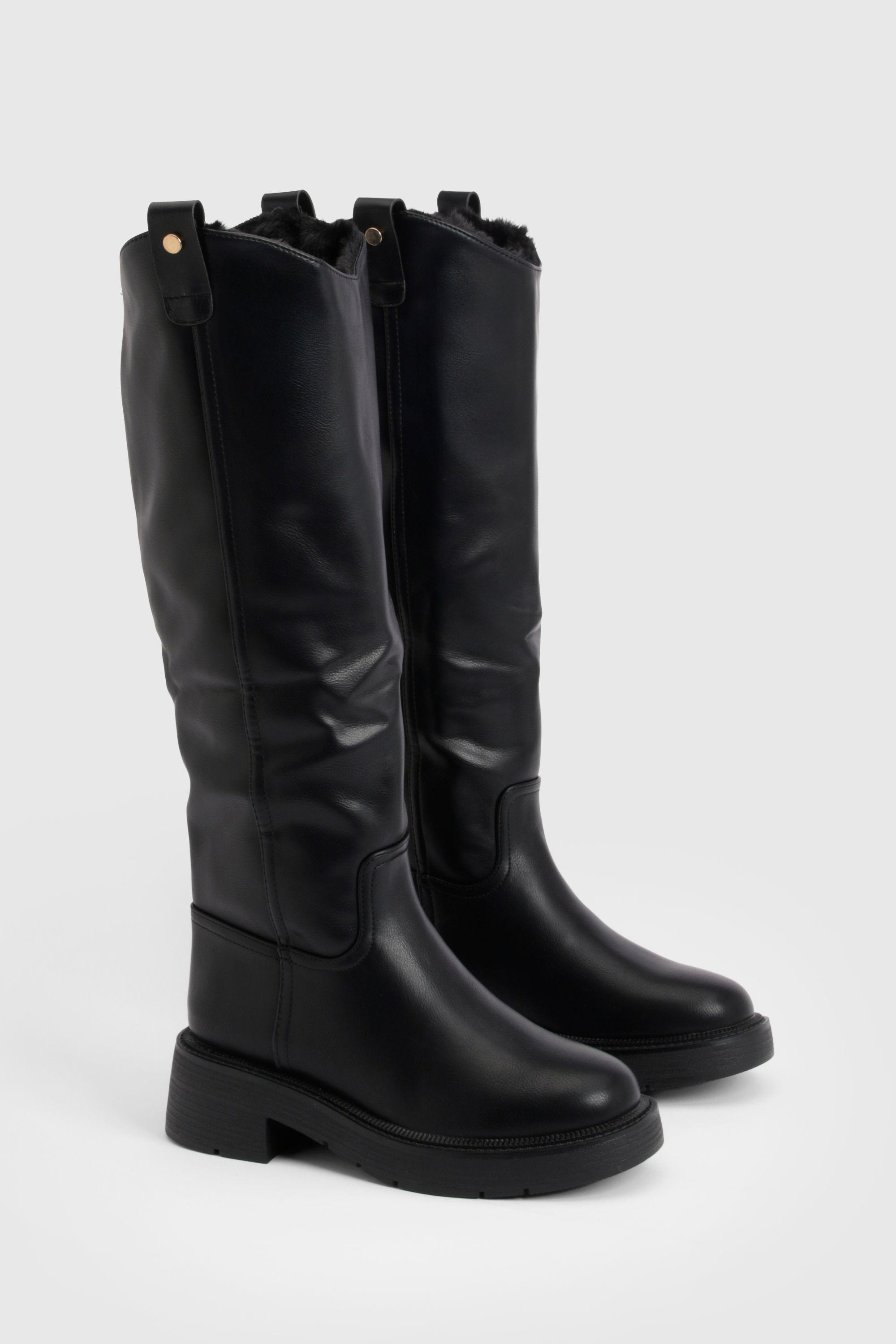 Tab Detail Chunky Knee High Boots by BOOHOO