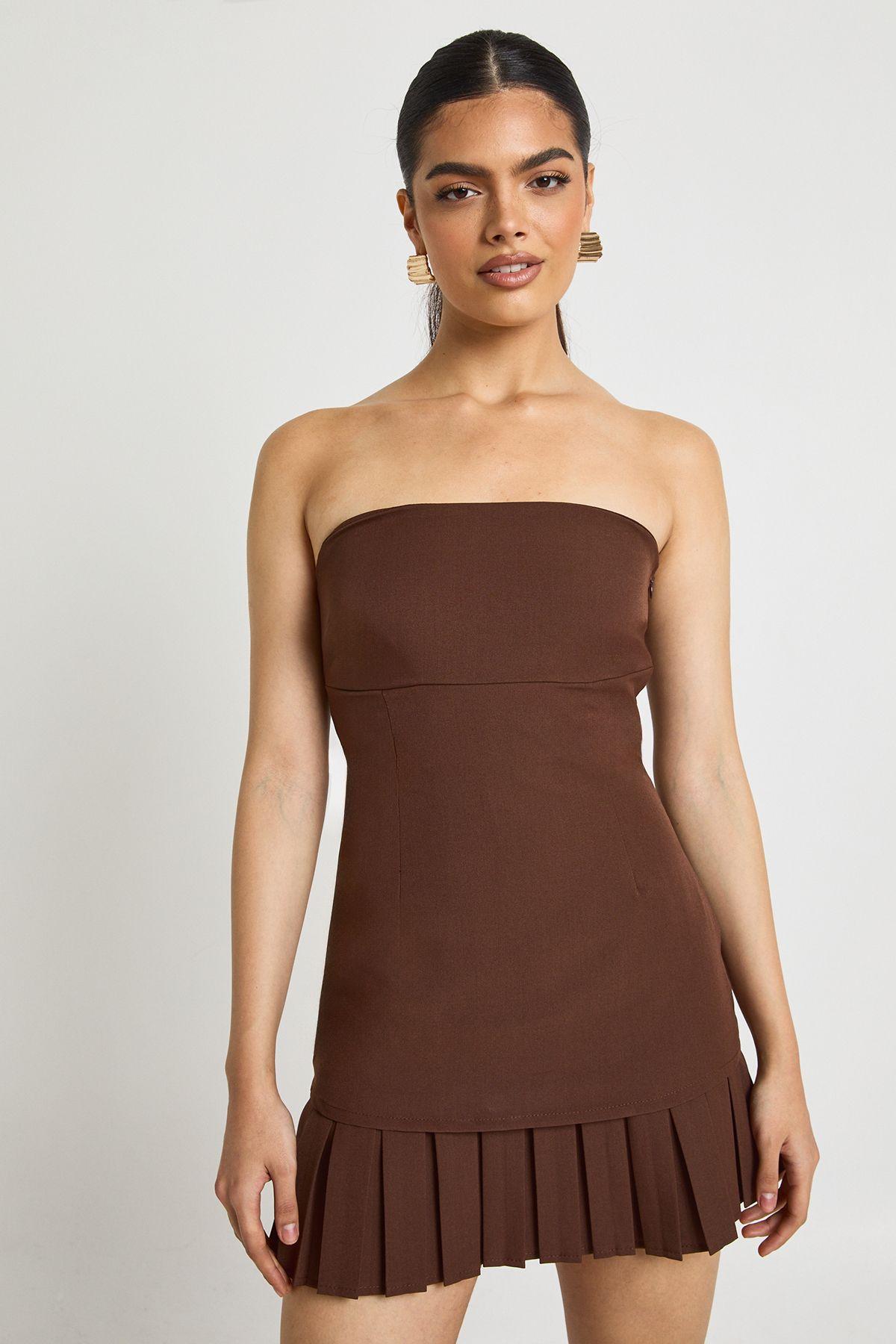 Tailored Bandeau Mini Dress With Pleated Skirt by BOOHOO Tailored Bandeau Mini Dress With Pleated Skirt by BOOHOO