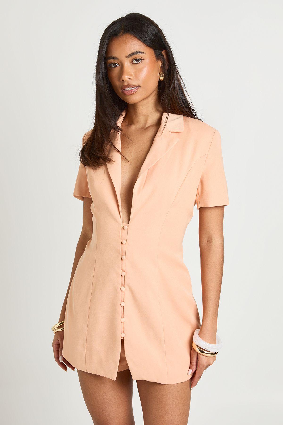 Tailored Button Through Skort Playsuit by BOOHOO