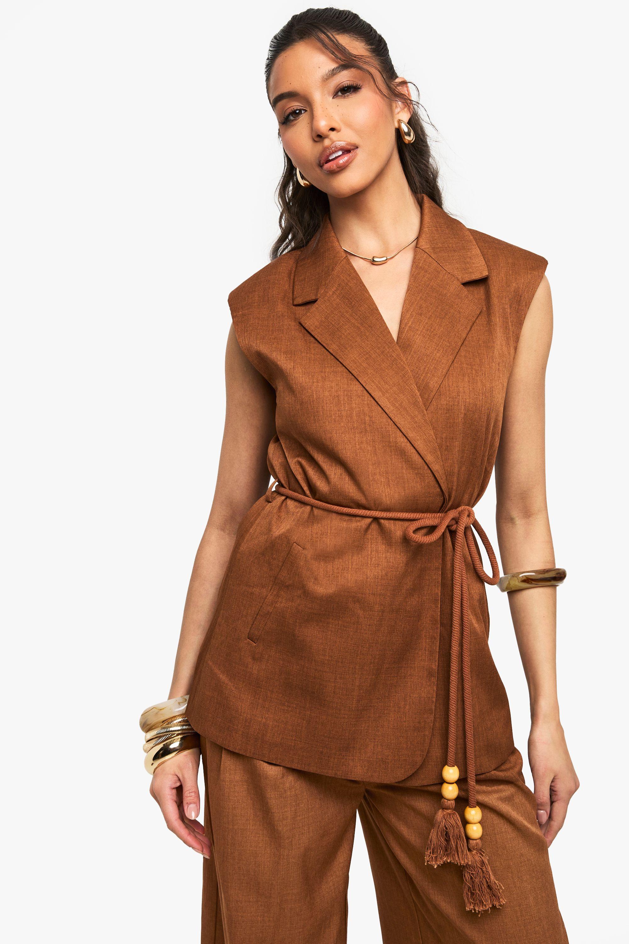 Tailored Linen Look Longline Belted Waistcoat by BOOHOO