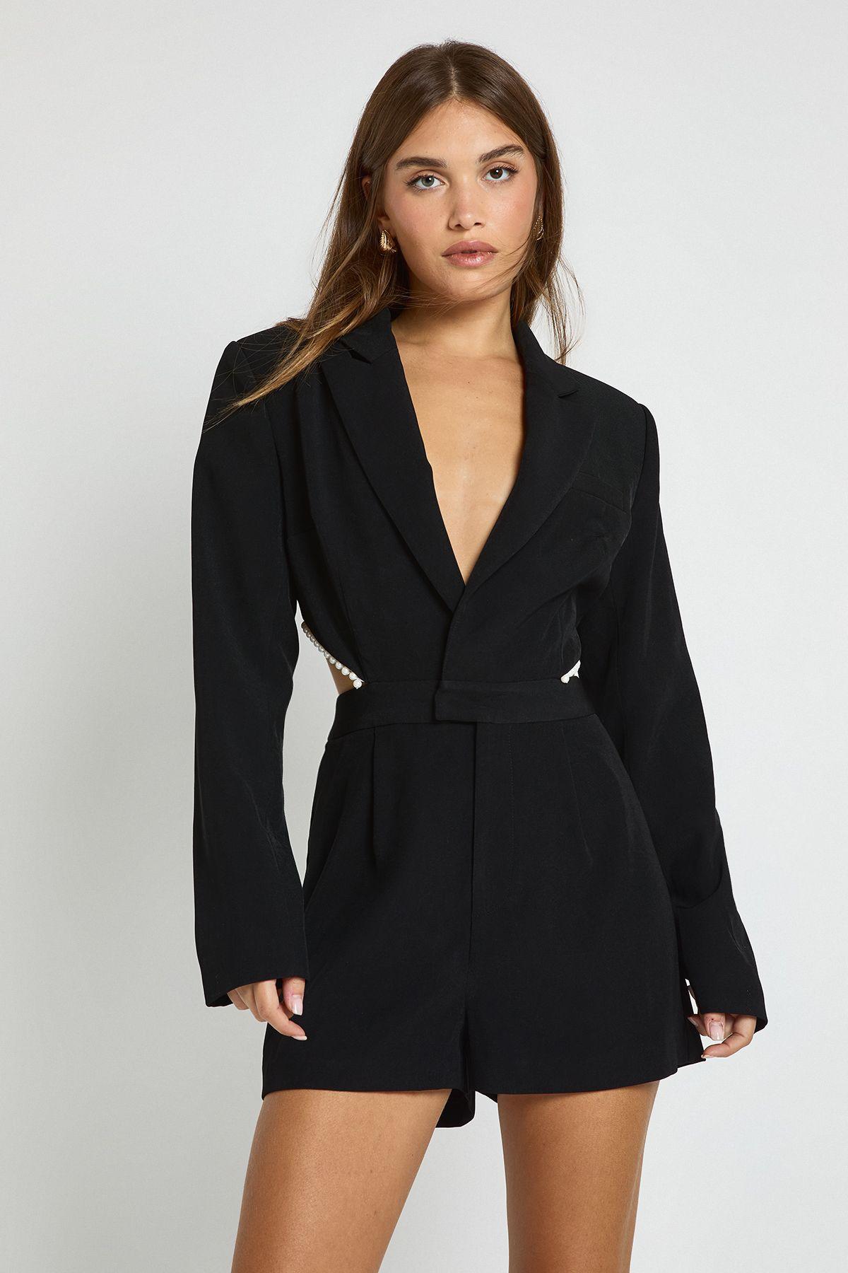 Tailored Open Back Pearl Trim Playsuit by BOOHOO