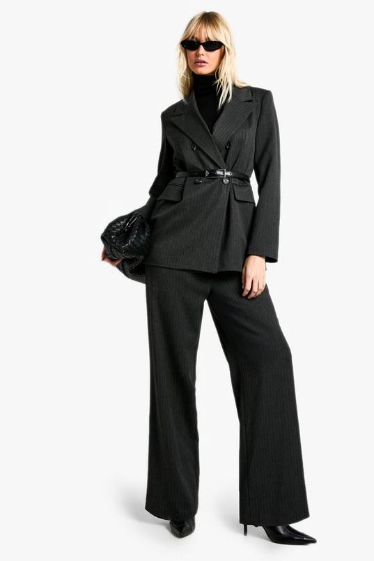 Tailored Woven Pinstripe Wide Leg Trousers by BOOHOO