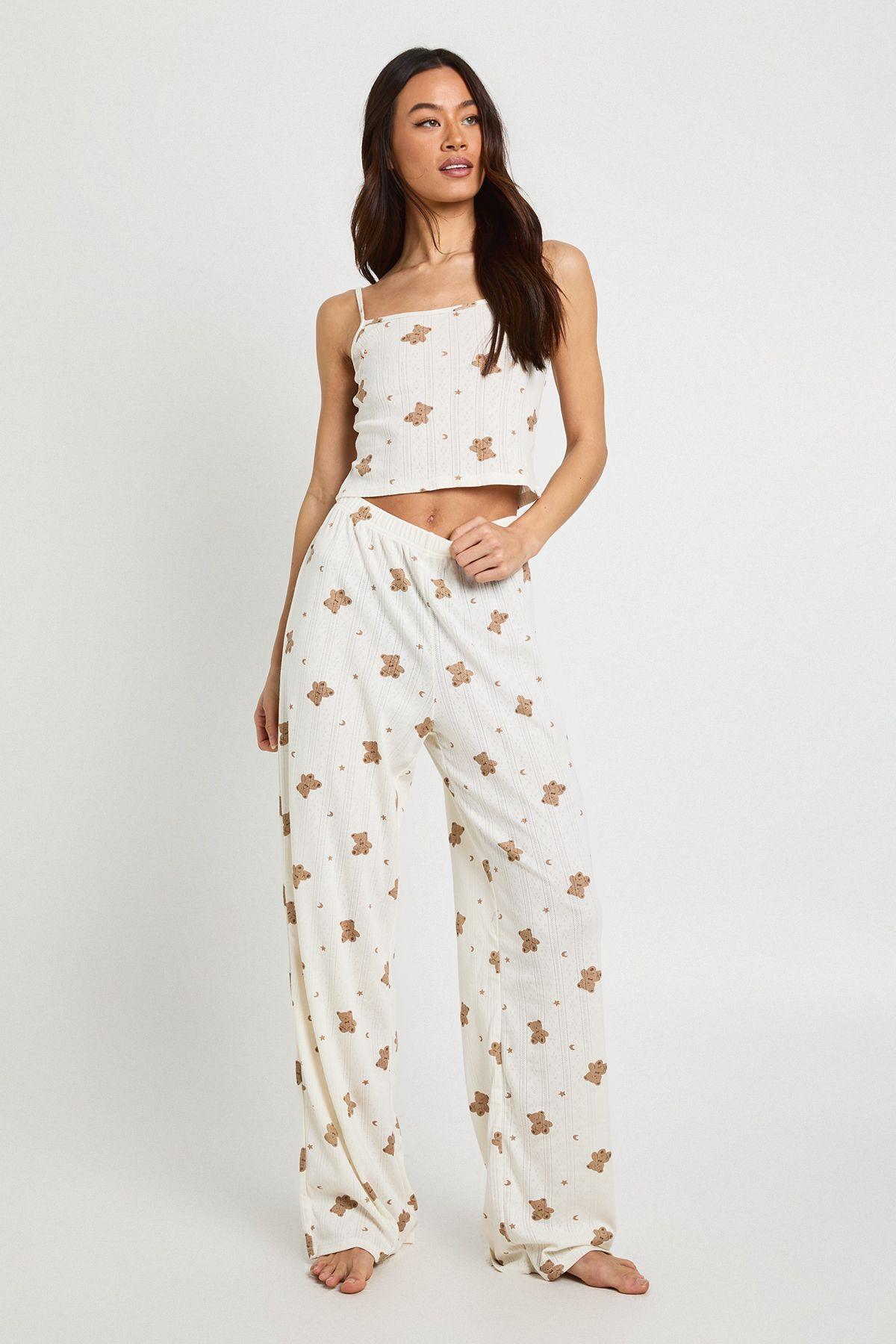 Tall Bear Print Pointelle Cami and Wide Leg Trouser Pyjama Set by BOOHOO Tall Bear Print Pointelle Cami and Wide Leg Trouser Pyjama Set by BOOHOO