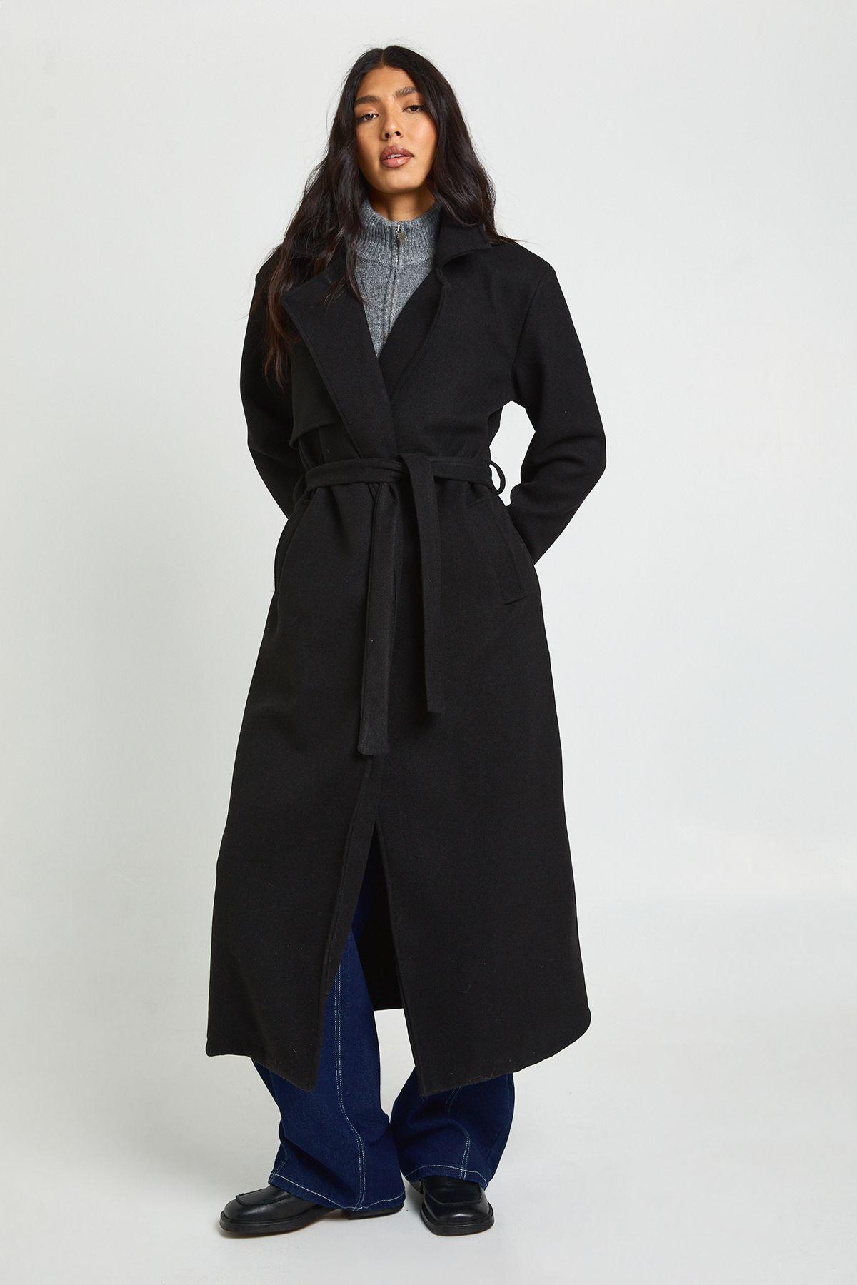 Tall Belted Wool Look Trench by BOOHOO