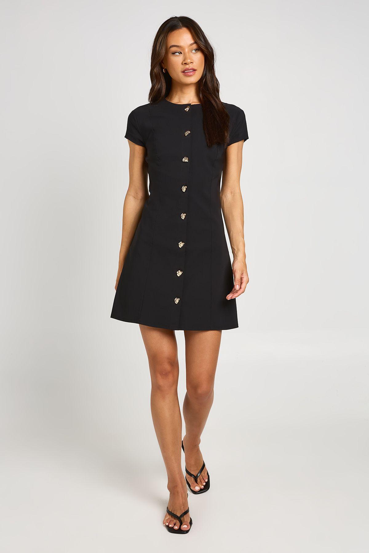 Tall Bengaline Gold Button Trim Cap Sleeve Shift Dress by BOOHOO