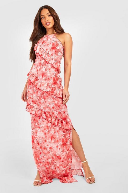 Tall Blurred Ditsy Floral Halter Neck Ruffle Maxi Dress by BOOHOO