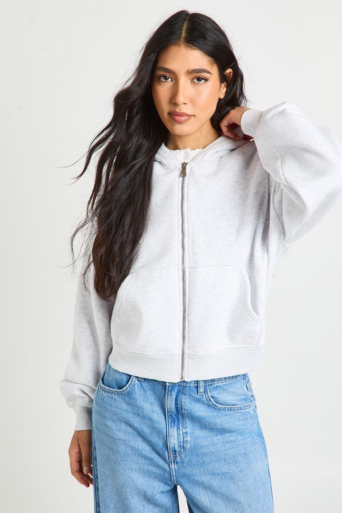 Tall Boxy Balloon Sleeve Oversized Zip Through Hoodie by BOOHOO