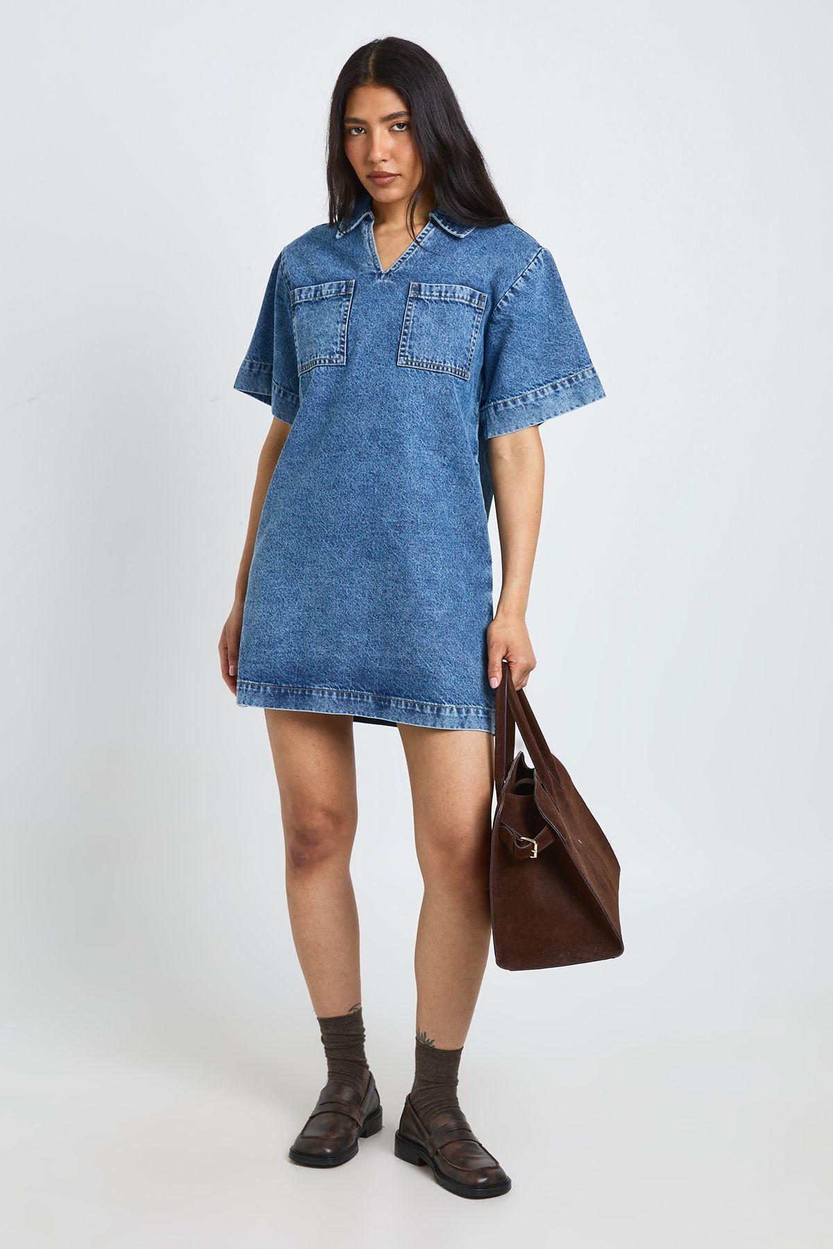 Tall Boxy Short Sleeve Denim Dress by BOOHOO