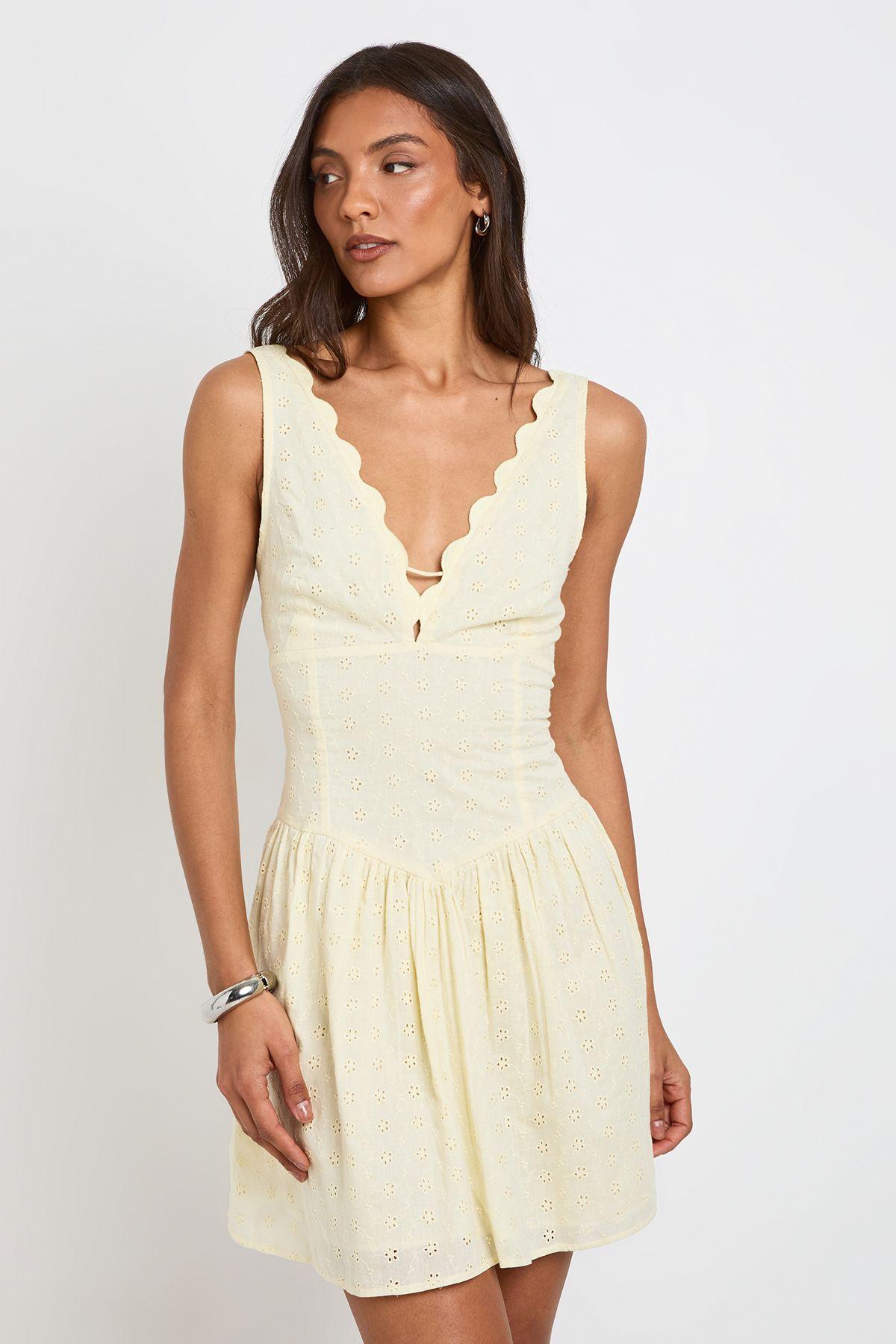 Tall Broderie Scalloped Neck Corset Mini Dress by BOOHOO