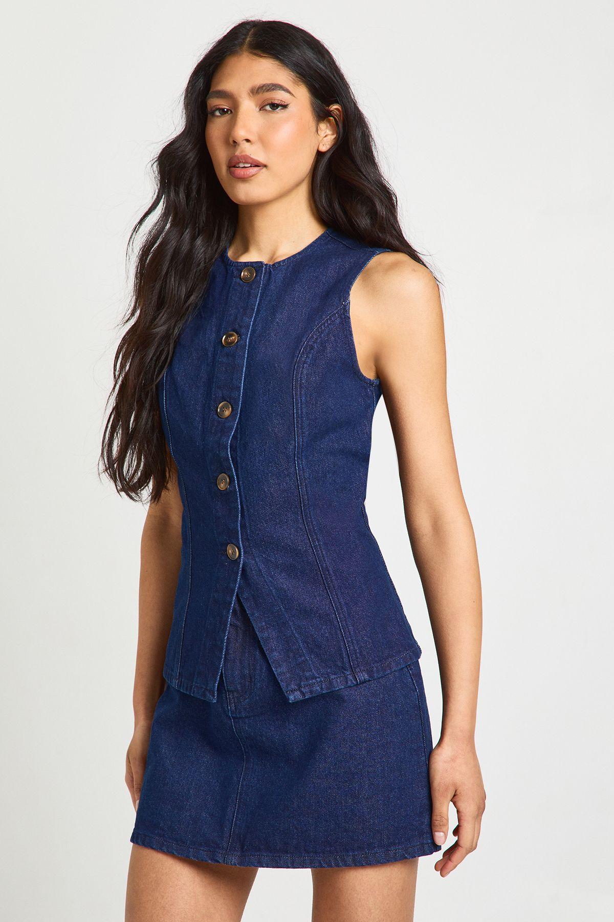 Tall Button Down Denim Waistcoat by BOOHOO