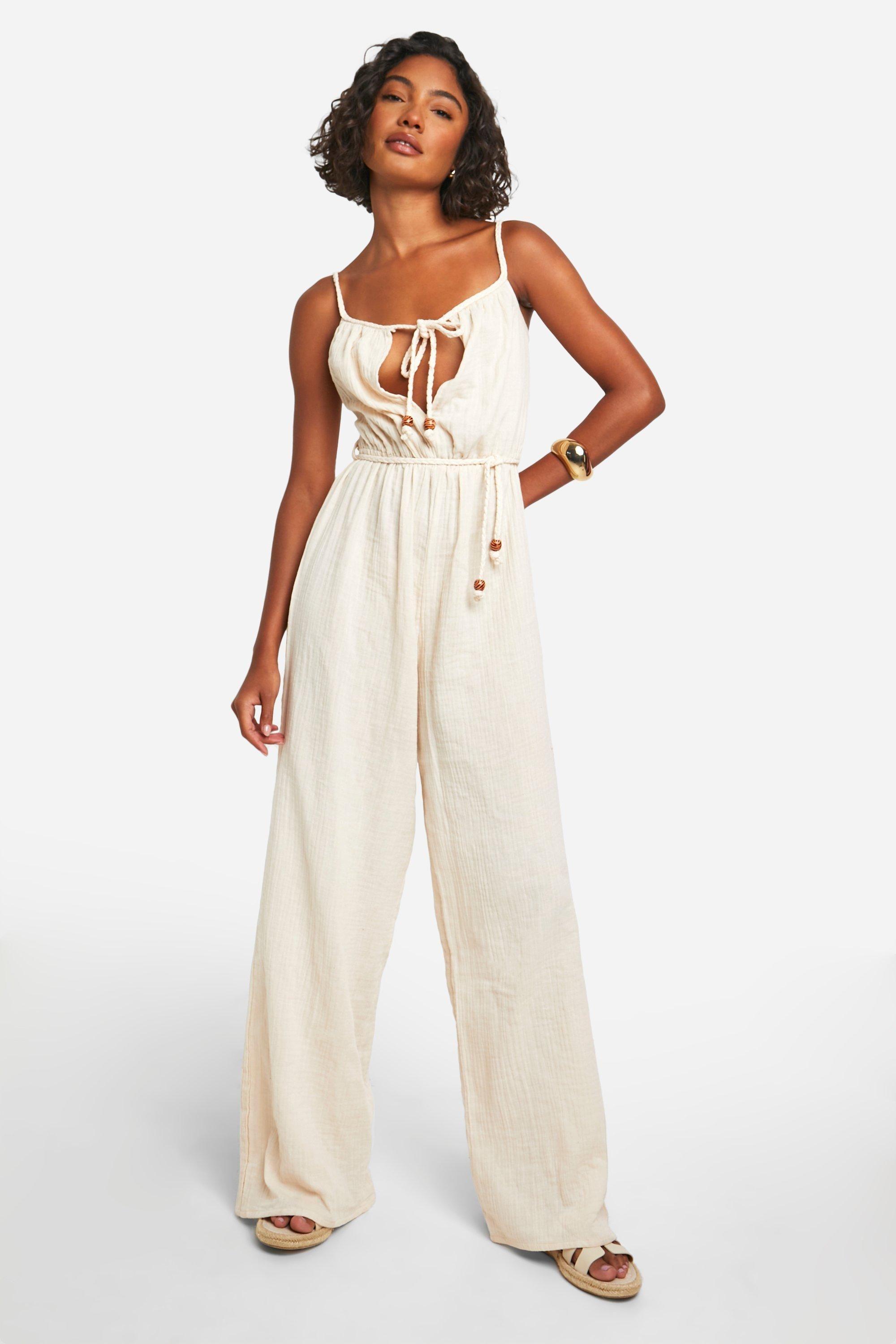 Tall Cheesecloth Strappy Belted Wide Leg Jumpsuit by BOOHOO