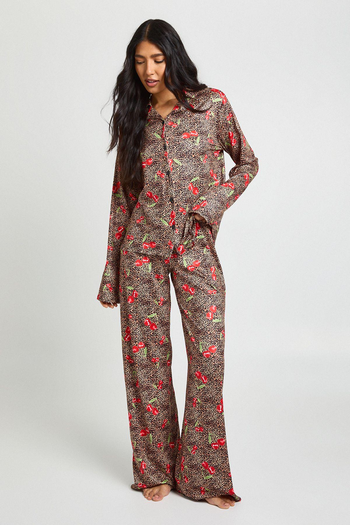 Tall Cherries & Leopard Print Long Sleeve Shirt & Trouser Pyjama Set by BOOHOO
