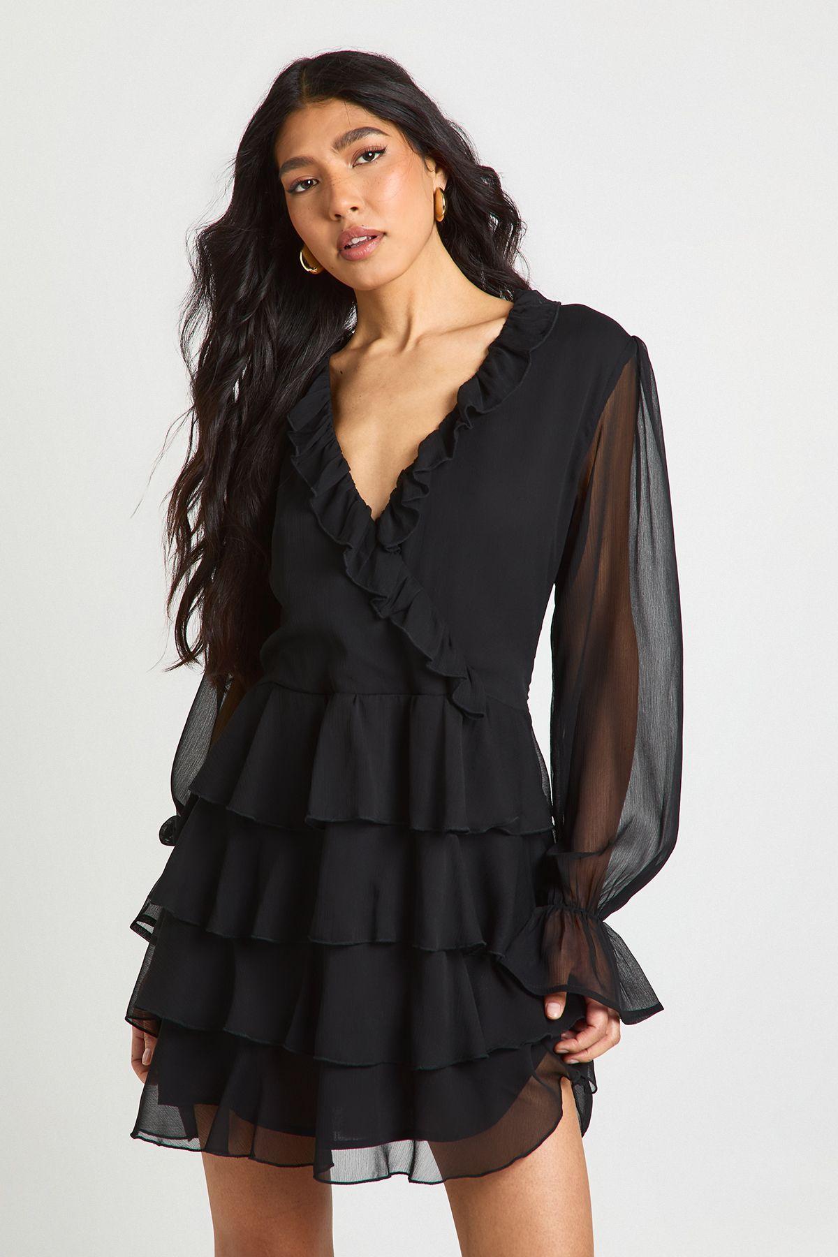 Tall Chiffon Ruffle Detail Mini Dress by BOOHOO