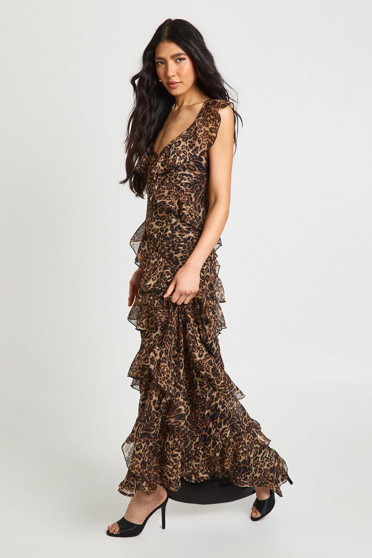 Tall Chiffon Ruffle Leopard Strappy Maxi Dress by BOOHOO