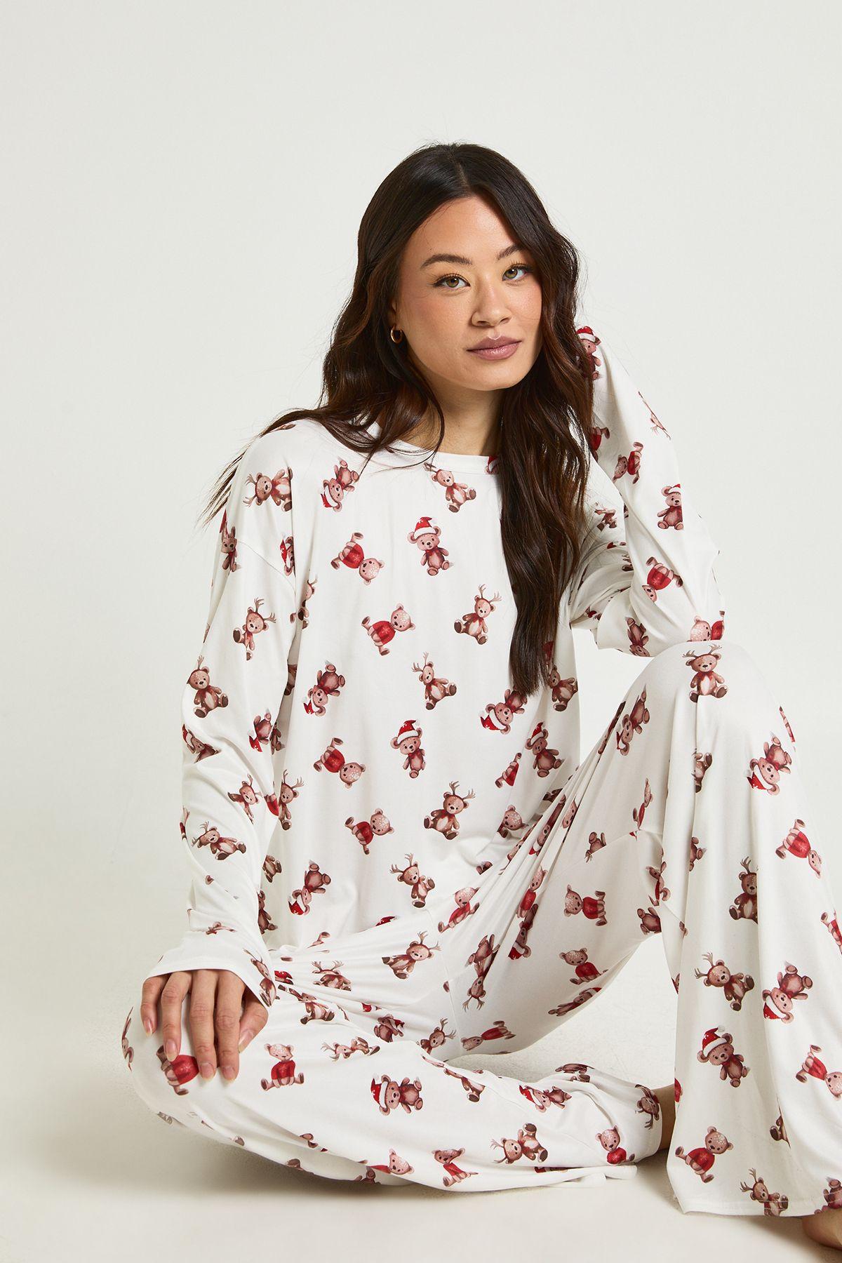 Tall Christmas Bear Print Long Sleeve Top & Trousers Pyjama Set by BOOHOO