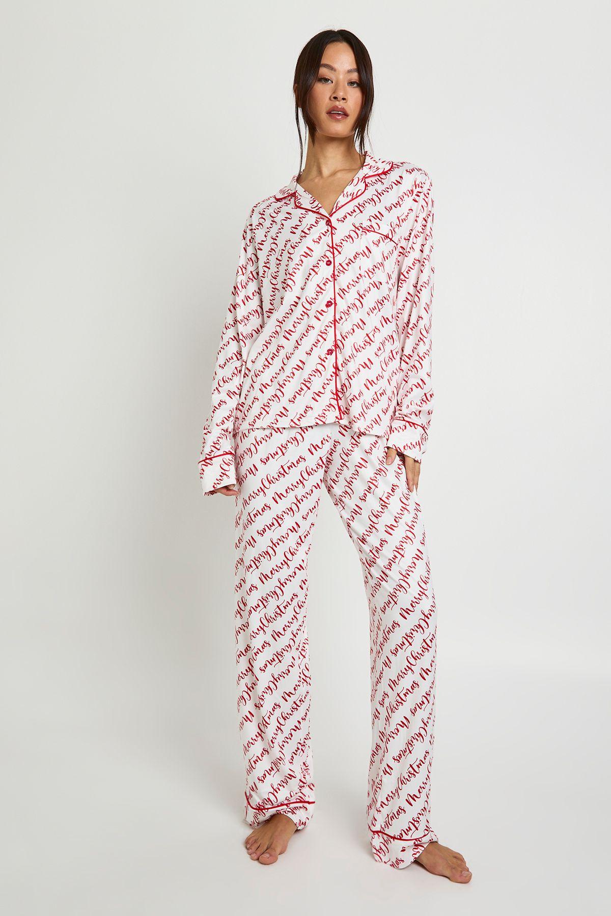Tall Christmas Script Long Sleeve Shirt & Trouser 3 Piece Pyjama Set by BOOHOO Tall Christmas Script Long Sleeve Shirt & Trouser 3 Piece Pyjama Set by BOOHOO