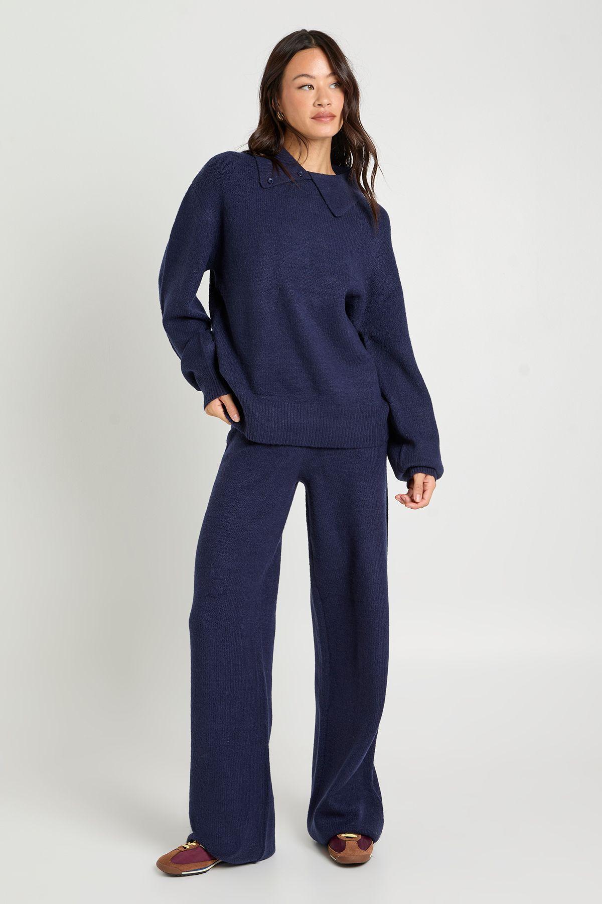 Tall Chunky Knit Collar Detail Oversized Jumper and Wide Leg Trouser Co-Ord by BOOHOO