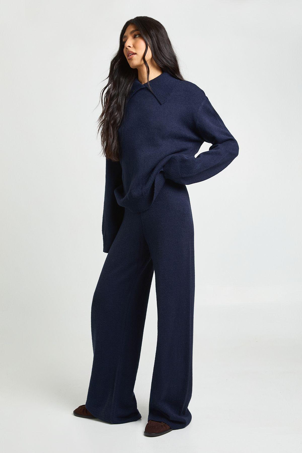 Tall Chunky Knit Collar Detail Oversized Knitted Jumper and Wide Leg Trouser Co-Ord by BOOHOO