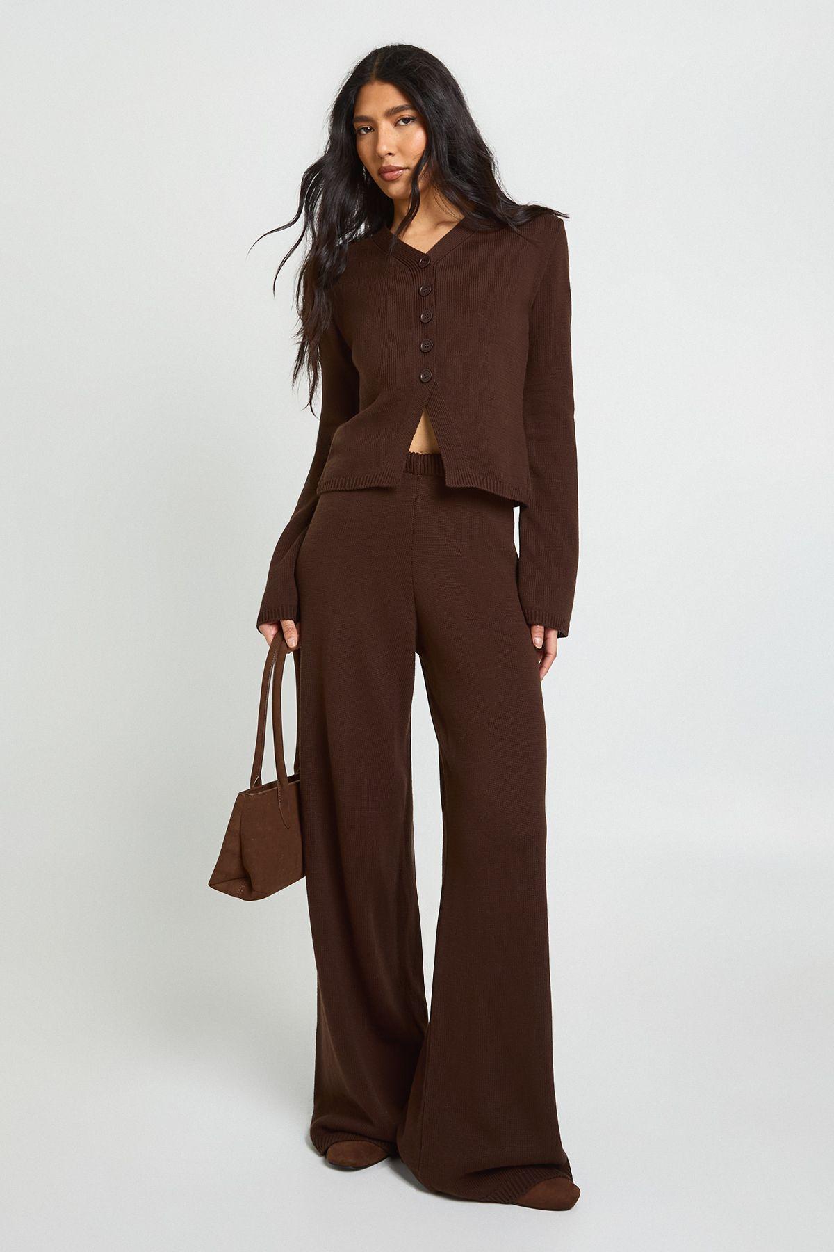 Tall Collar Detail Button Down Knitted Cardigan and Straight Leg Trouser Co-Ord by BOOHOO
