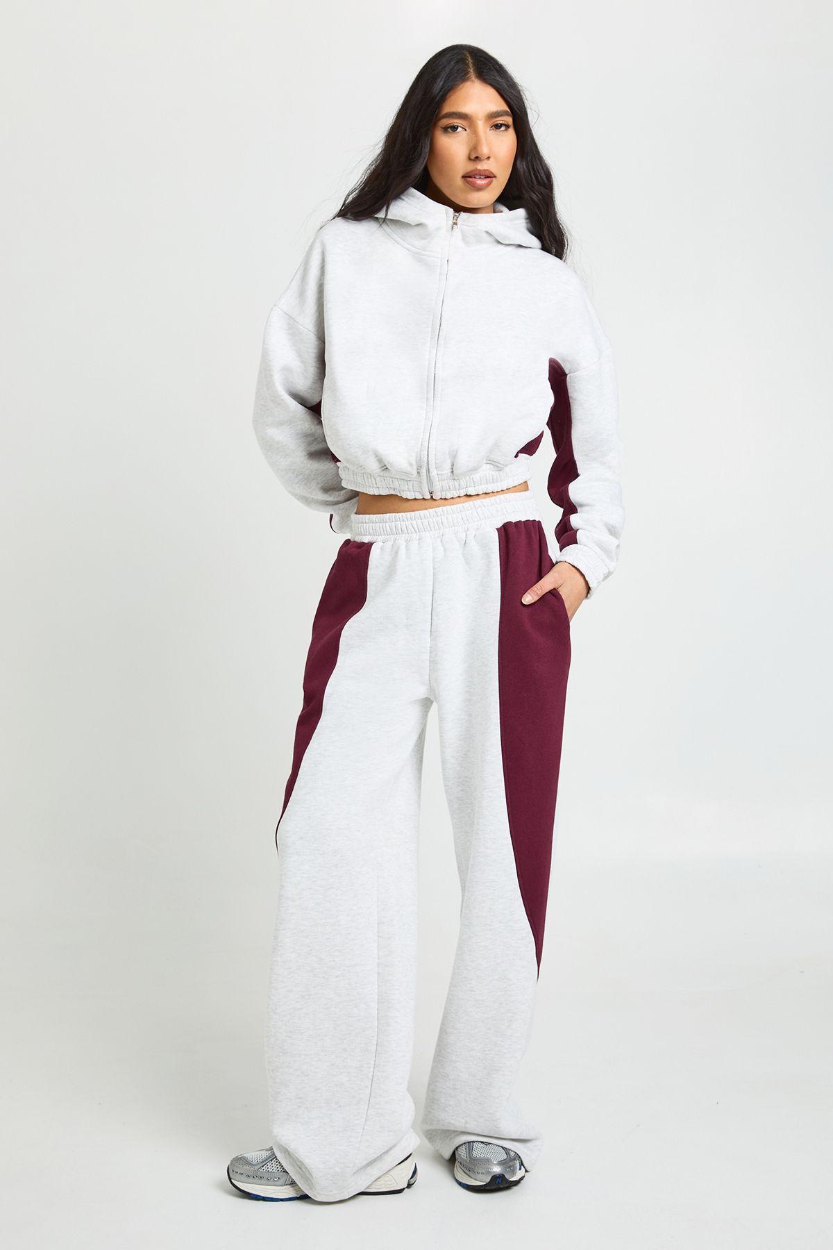 Tall Contrast Panel Zip Through Hoodie Wide Leg Jogger Tracksuit by BOOHOO