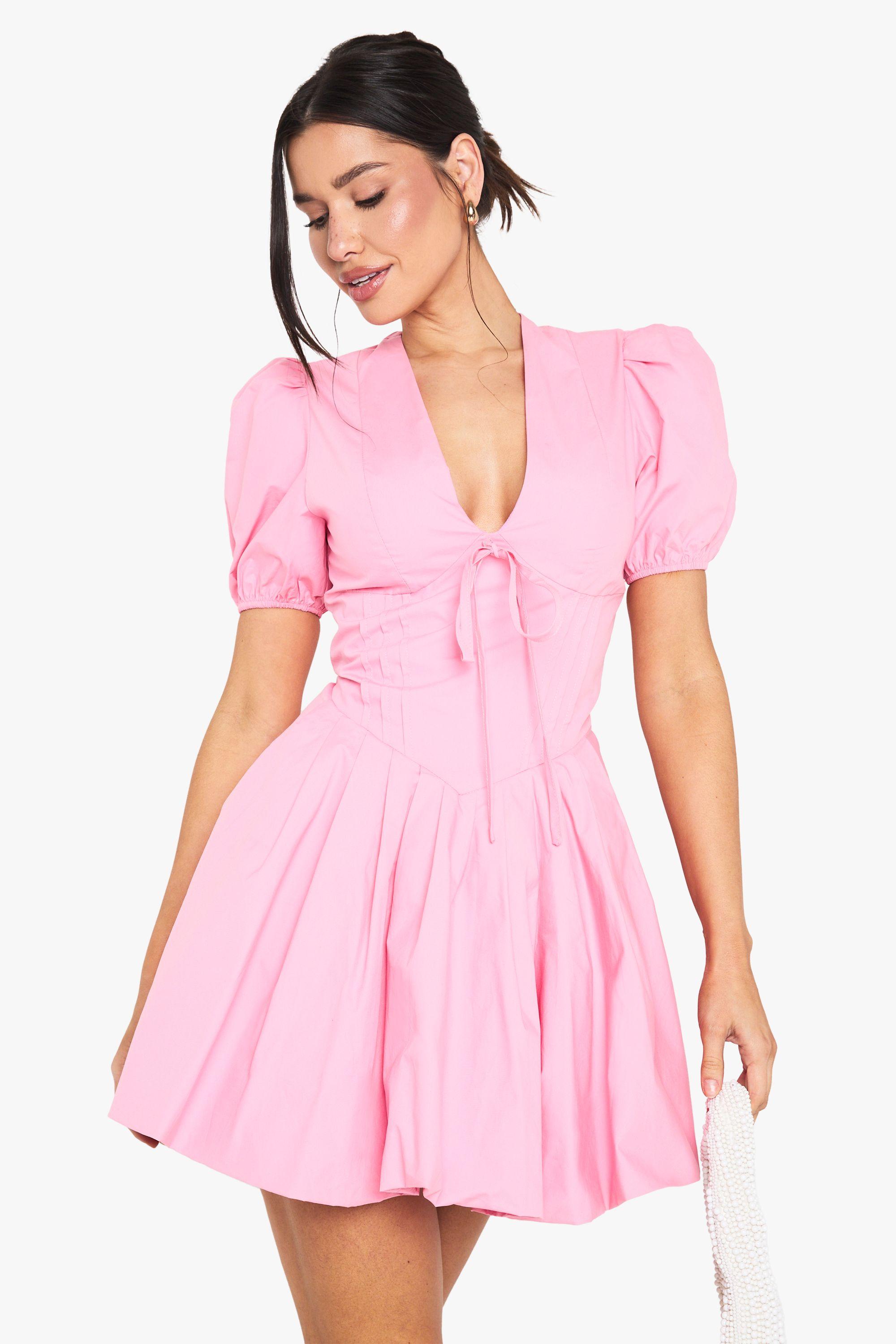 Tall Corset Detail Puff Sleeve Milkmaid Skater Dress by BOOHOO