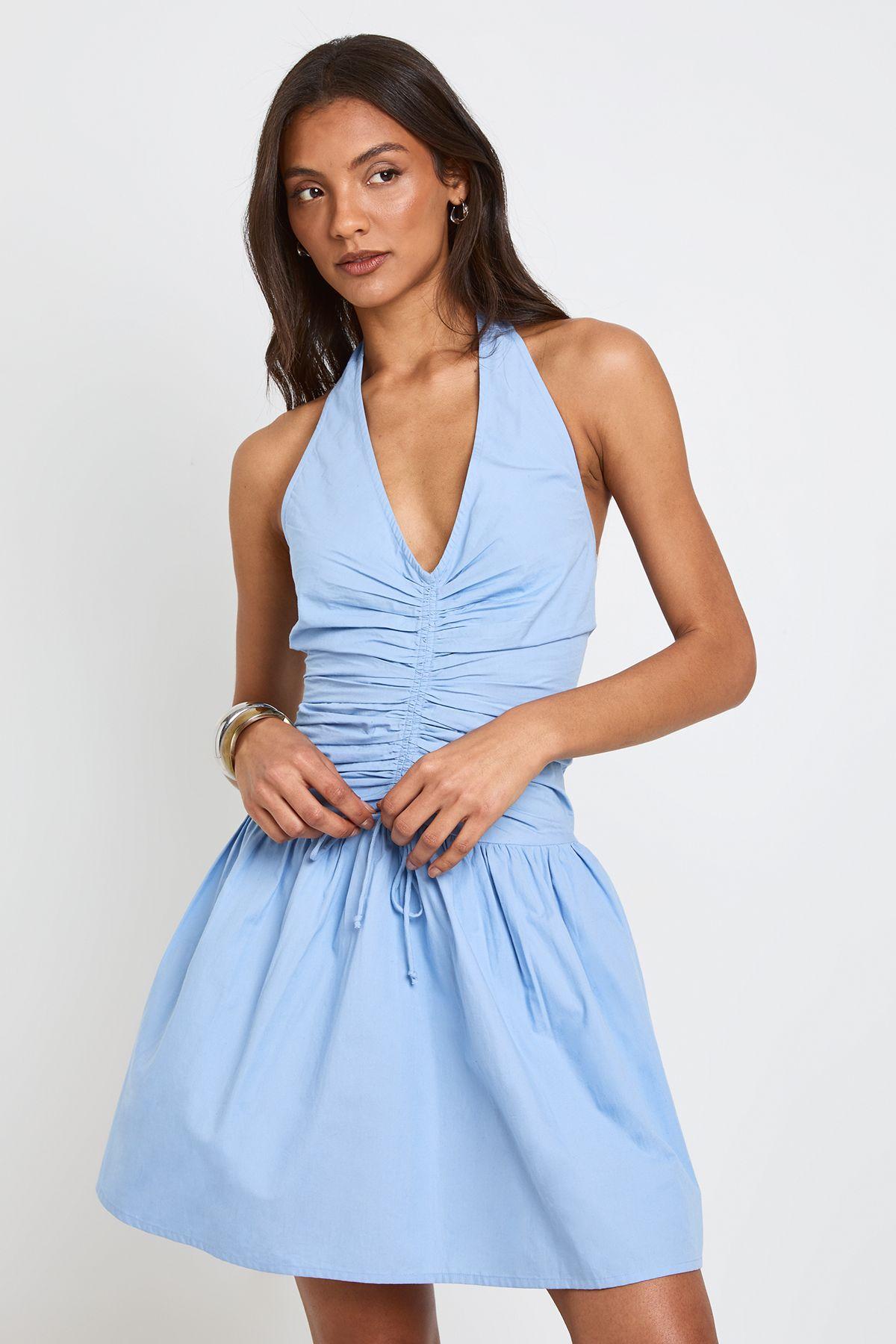 Tall Cotton Poplin Halterneck Front Gathered Seam Skater Mini Dress by BOOHOO