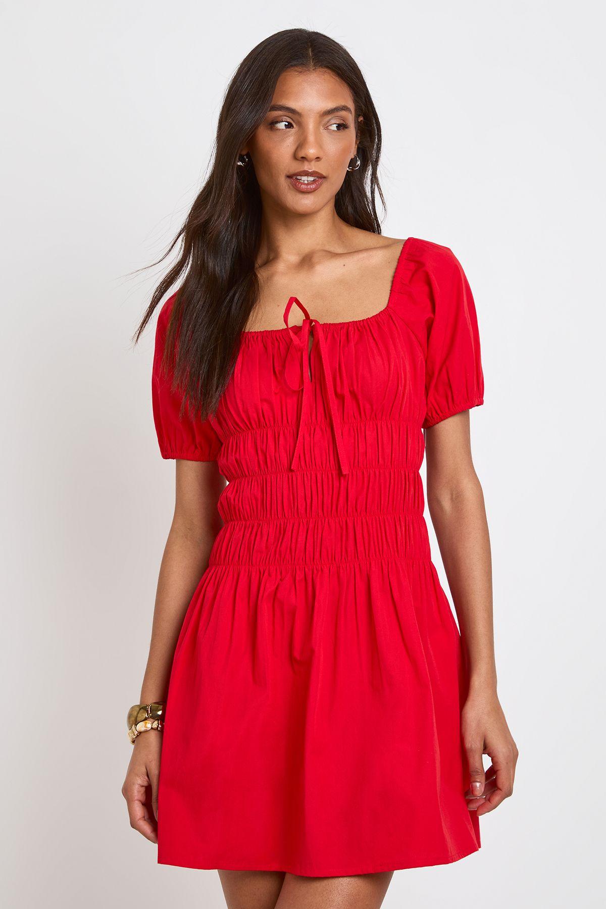 Tall Cotton Poplin Shirred Bodice Puff Sleeve Mini Dress by BOOHOO