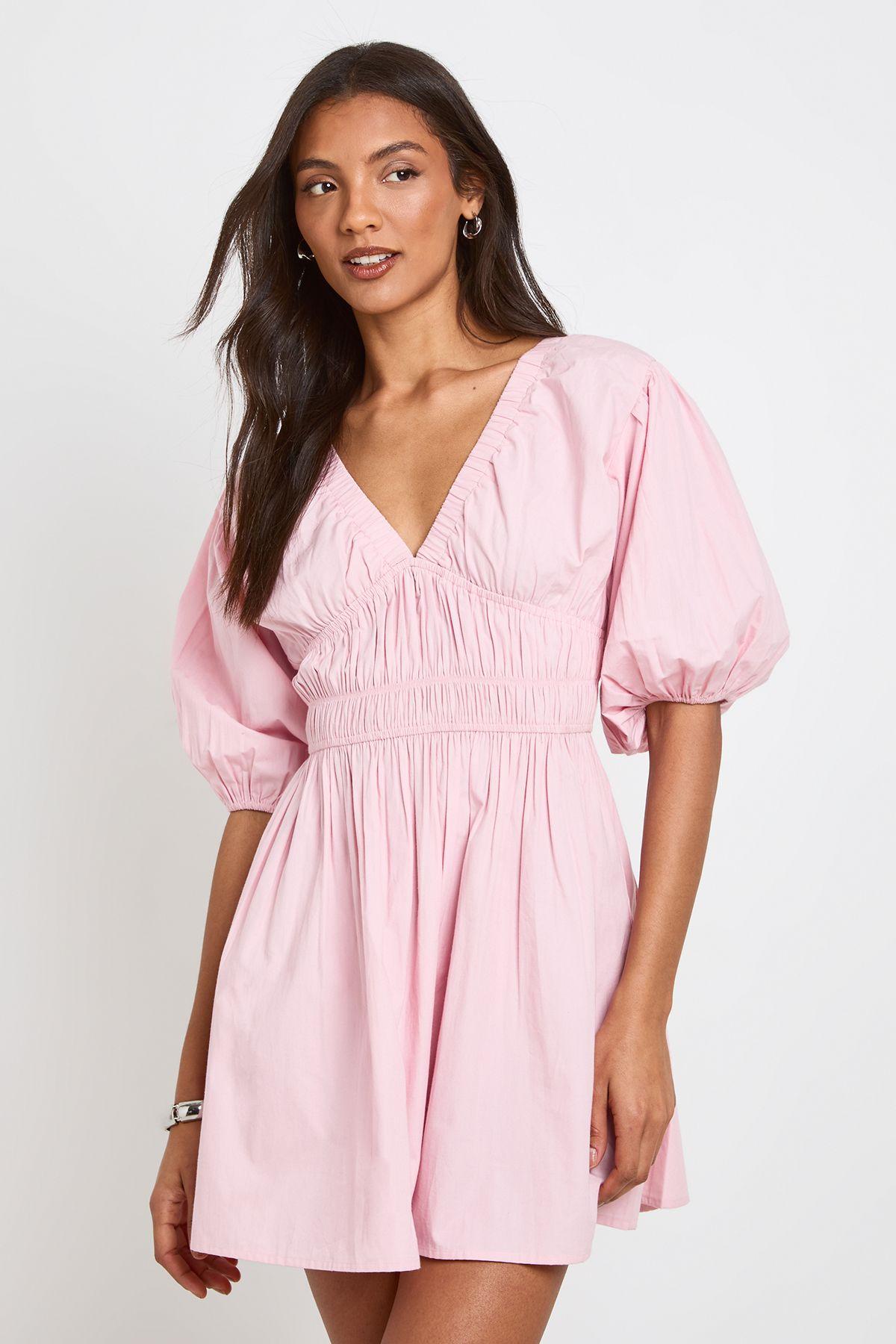 Tall Cotton Poplin Shirred Bodice V Neck Puff Sleeve Mini Dress by BOOHOO