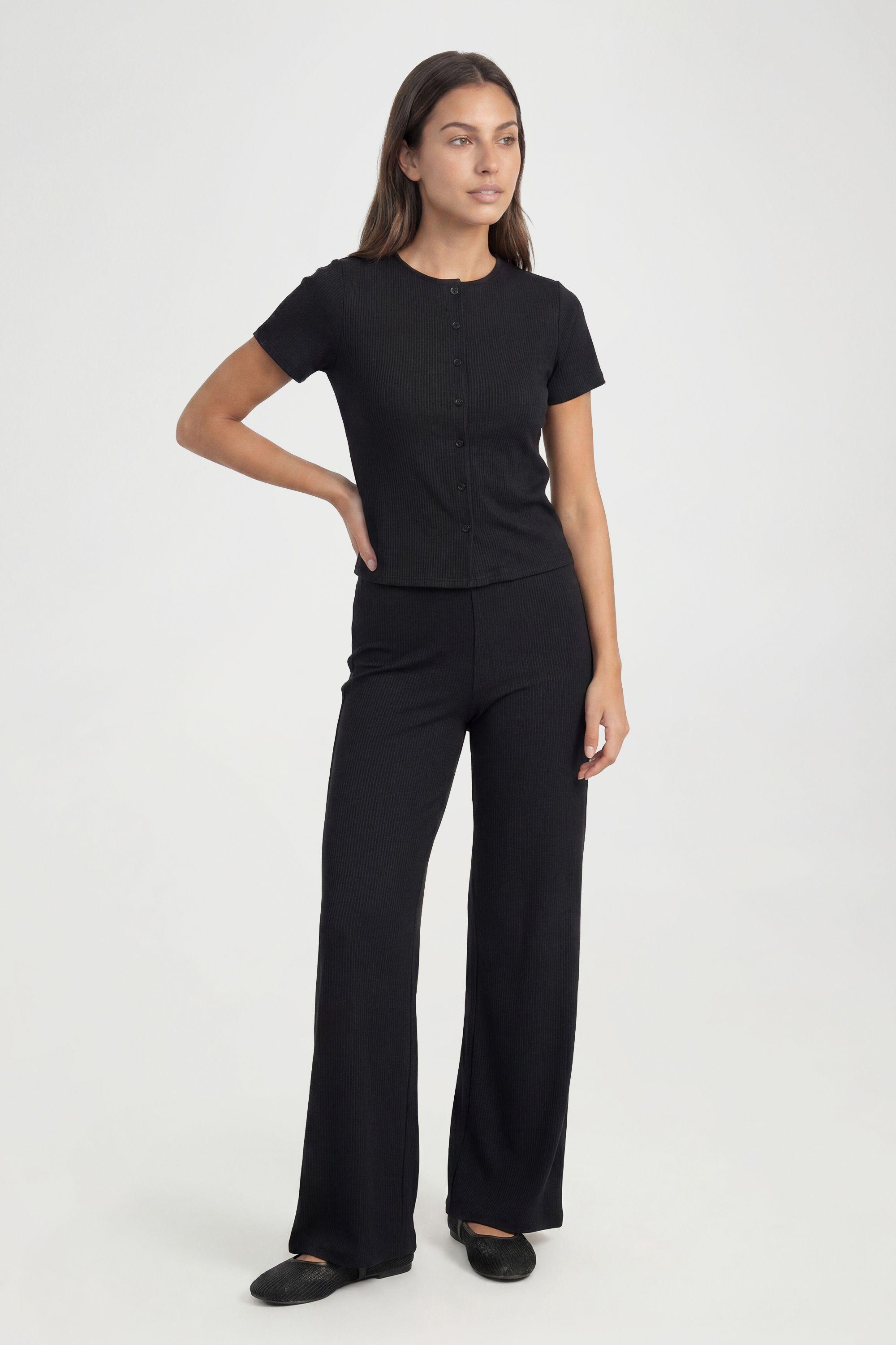 Tall Crinkle Rib Button Through Cap Sleeve Top and Trouser Set by BOOHOO