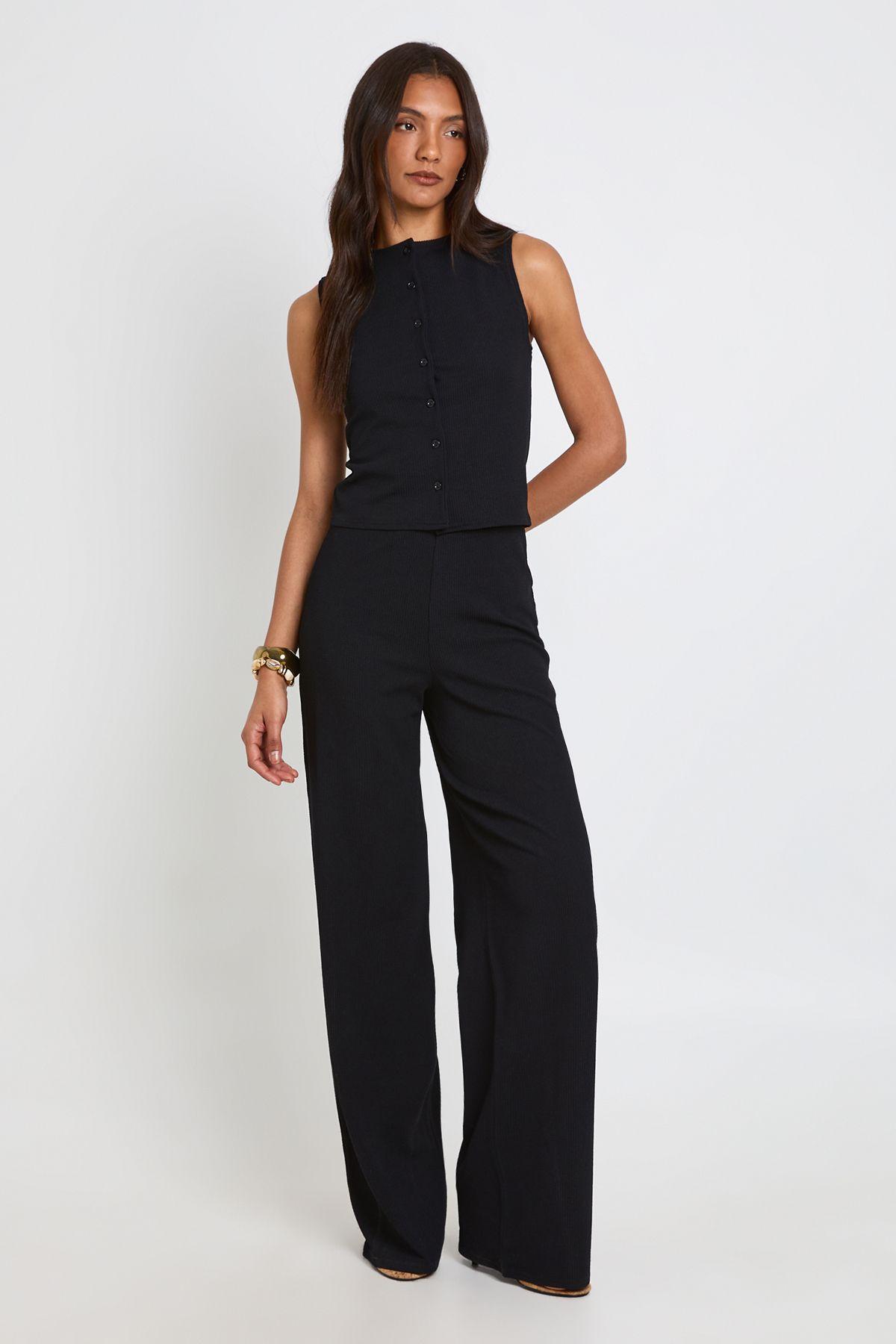Tall Crinkle Rib Button Through Sleeveless Top and Trouser Set by BOOHOO