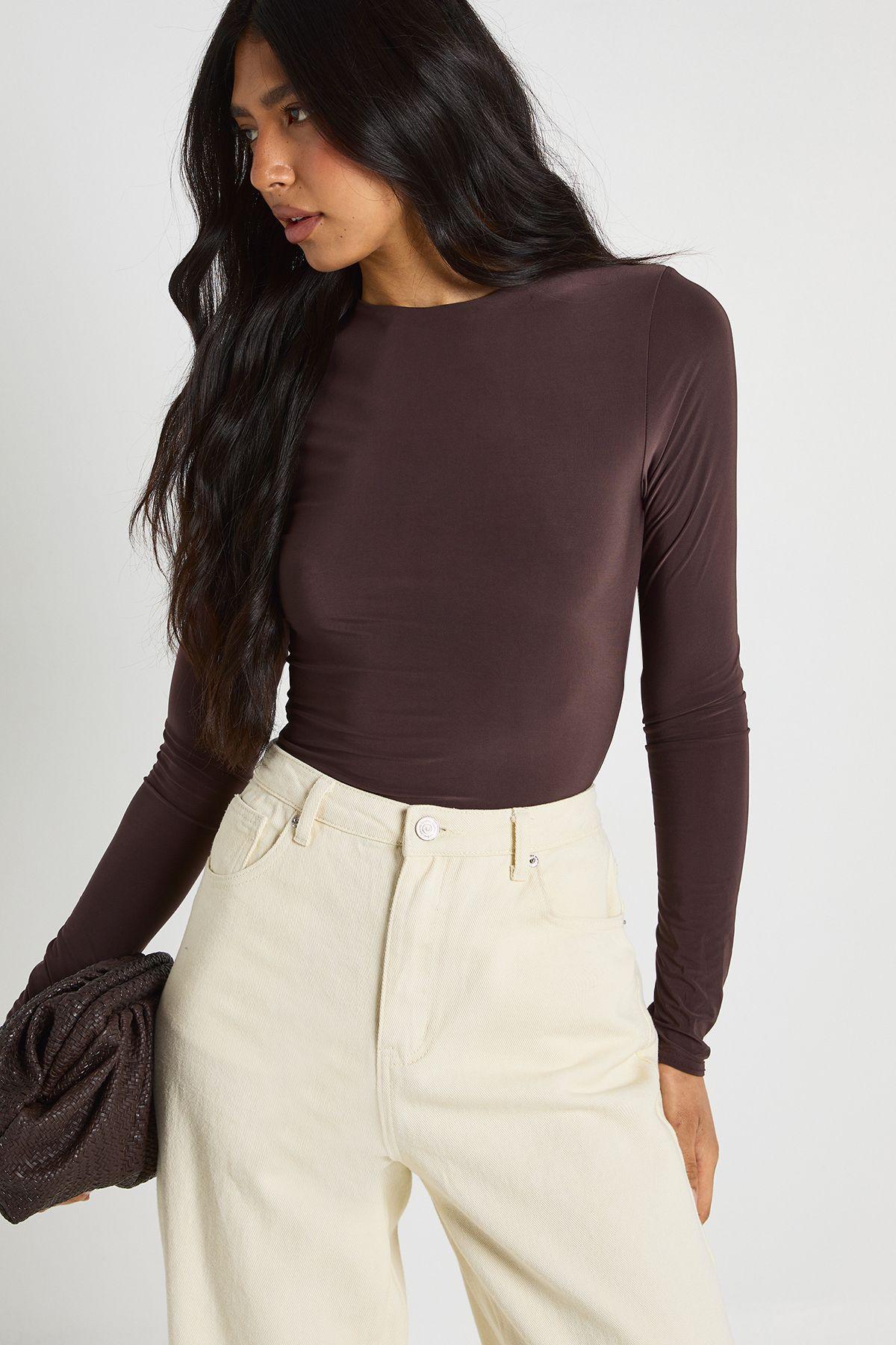 Tall Double Layer Slinky Long Sleeve Crew Neck Bodysuit by BOOHOO
