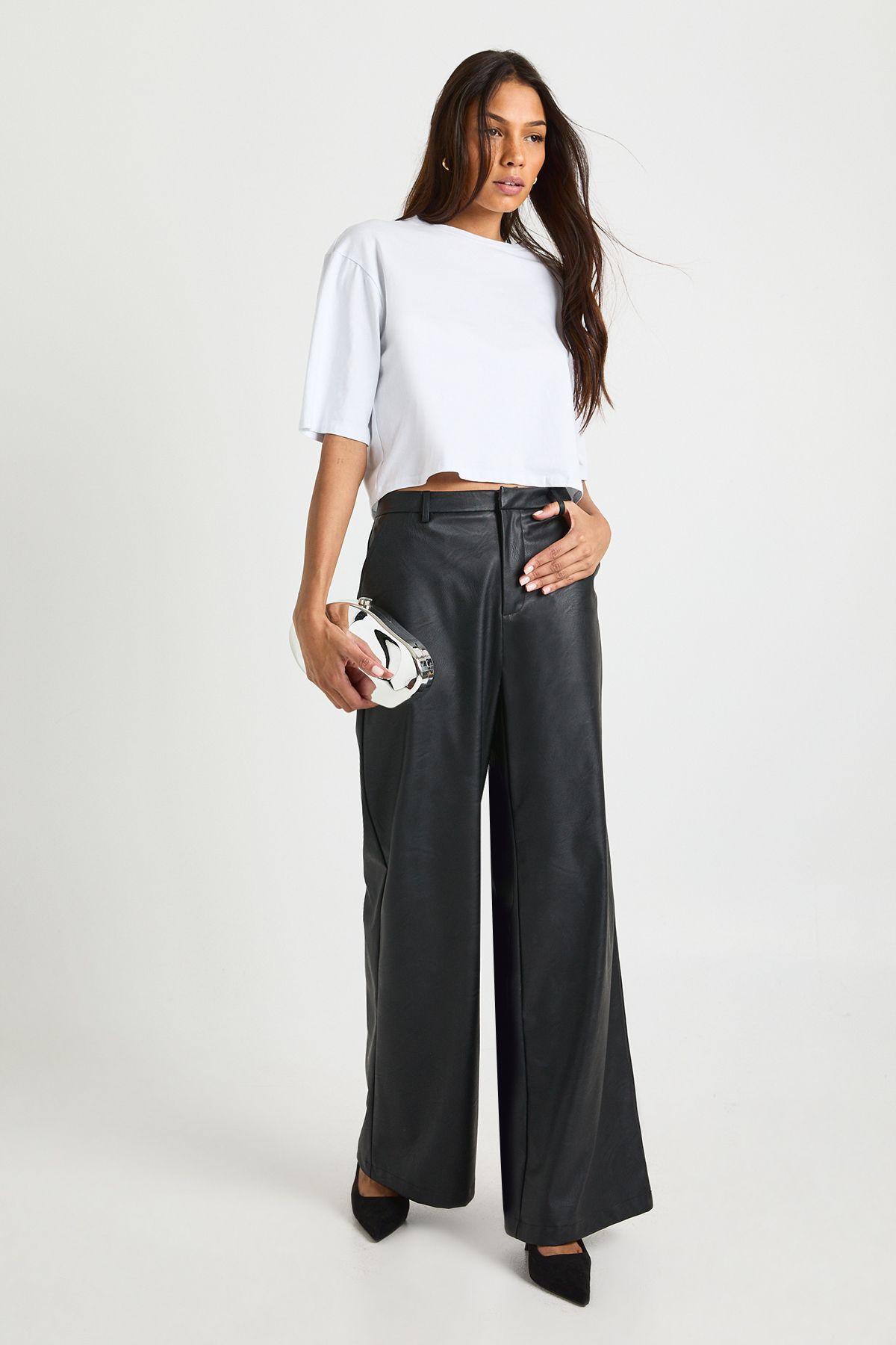 Tall Faux Leather Wide Leg Trouser by BOOHOO Tall Faux Leather Wide Leg Trouser by BOOHOO