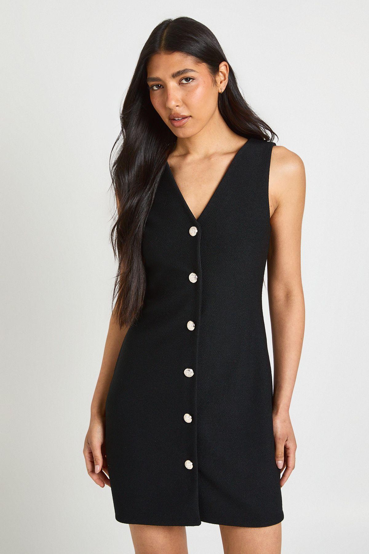 Tall Gold Button V Neck Shift Dress by BOOHOO Tall Gold Button V Neck Shift Dress by BOOHOO