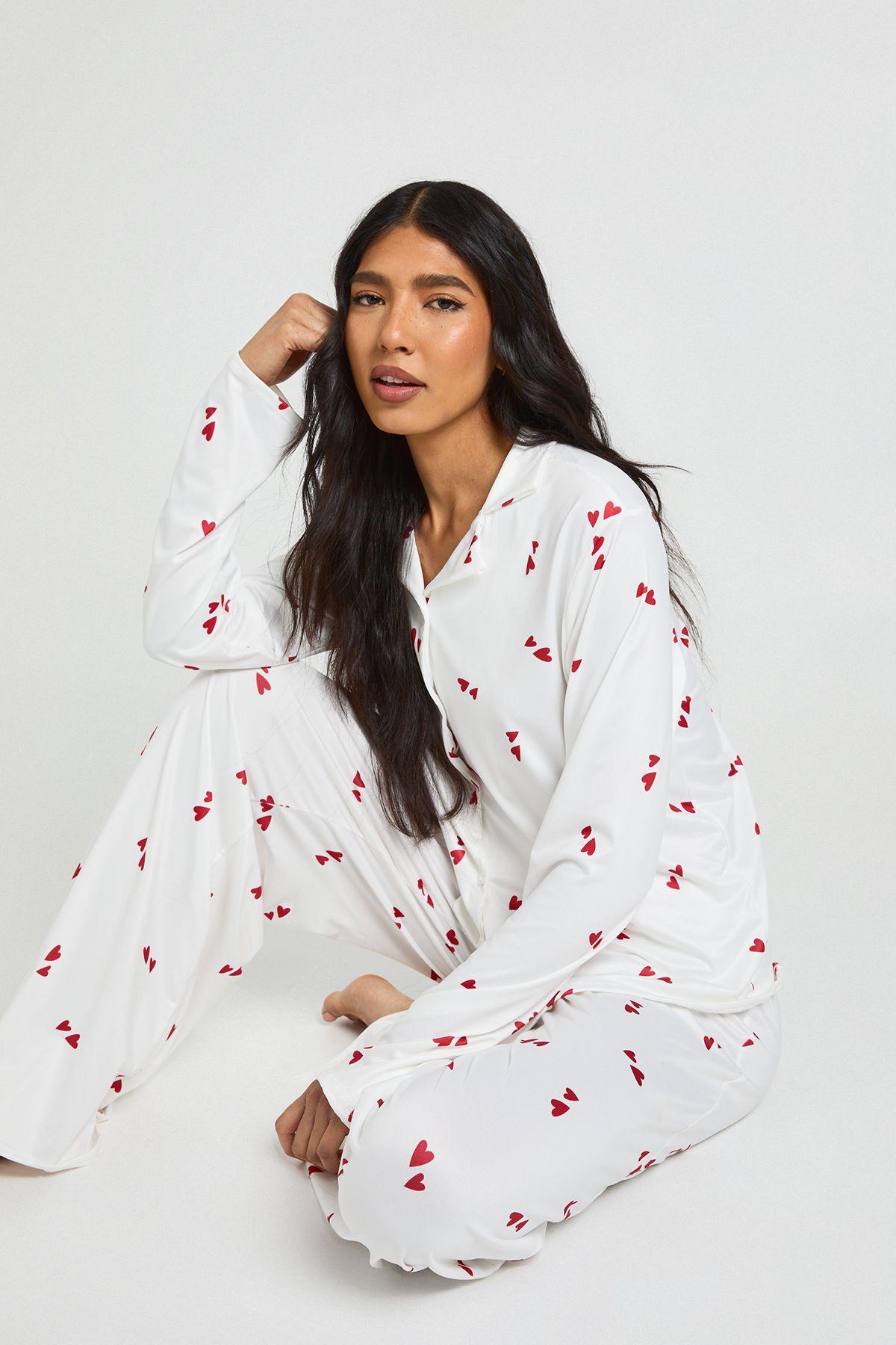 Tall Heart Print Long Sleeve Shirt & Trouser Pyjama Set by BOOHOO