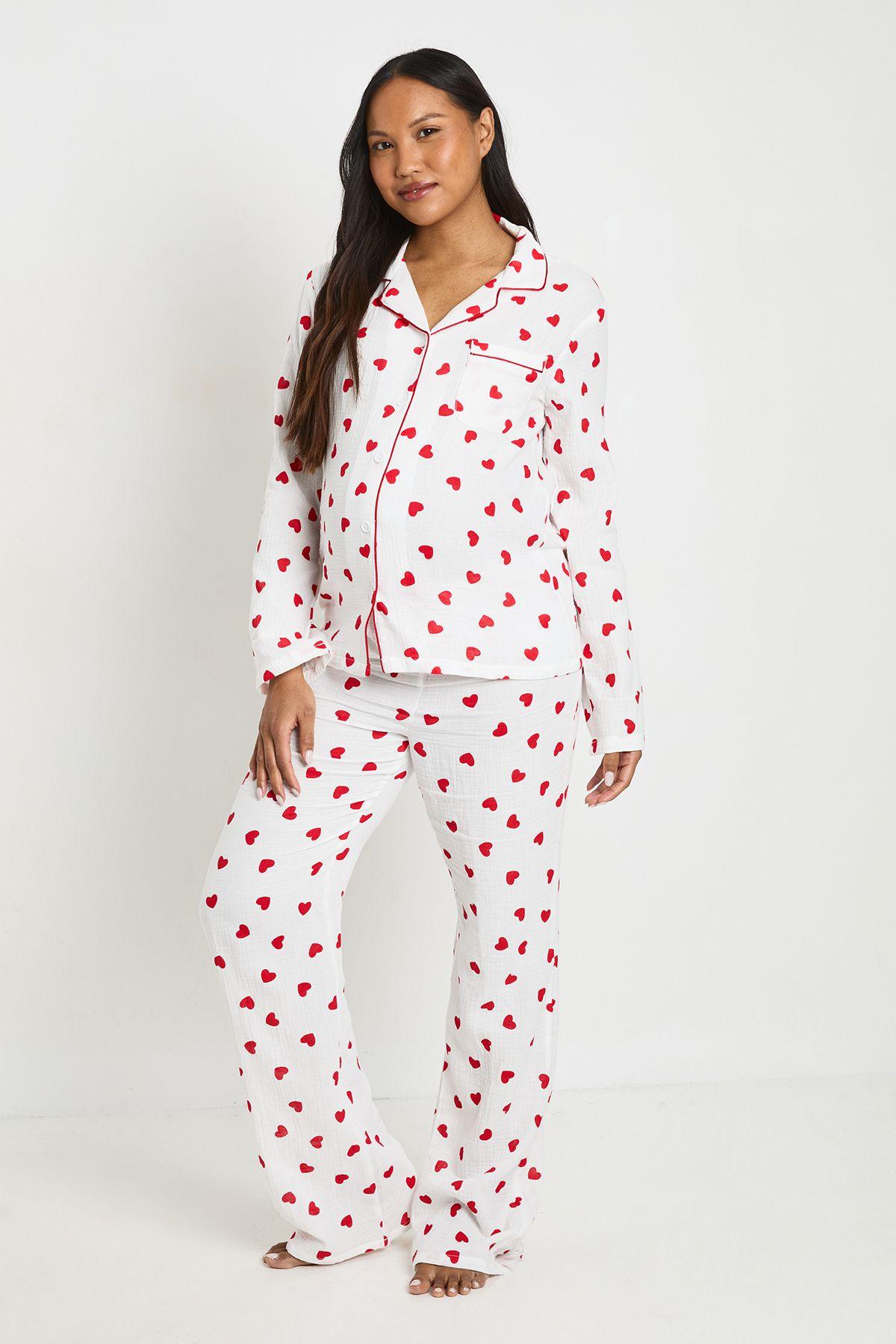Tall Heart Print Muslin Long Sleeve Shirt & Trouser Pyjama Set by BOOHOO