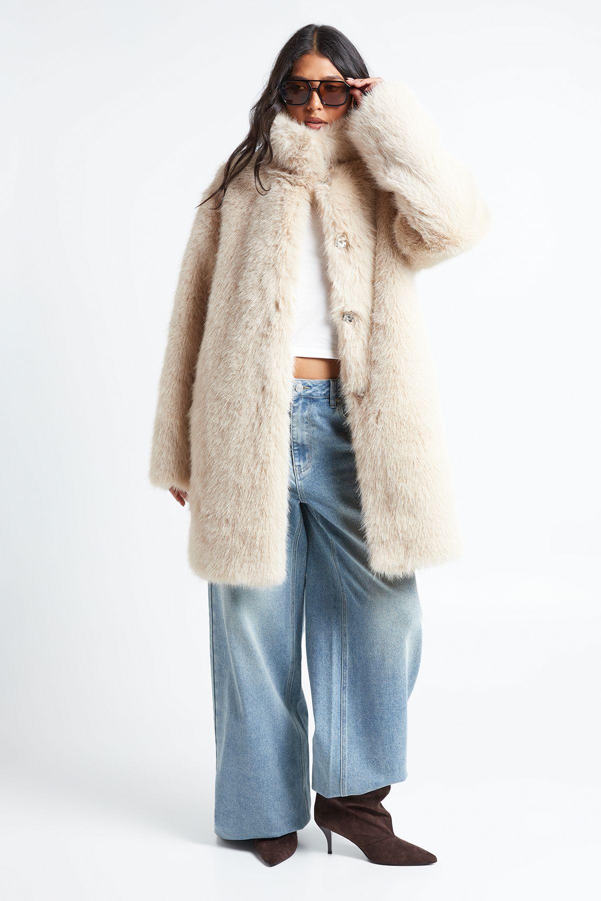 Tall High Neck Luxe Textured Faux Fur Coat by BOOHOO